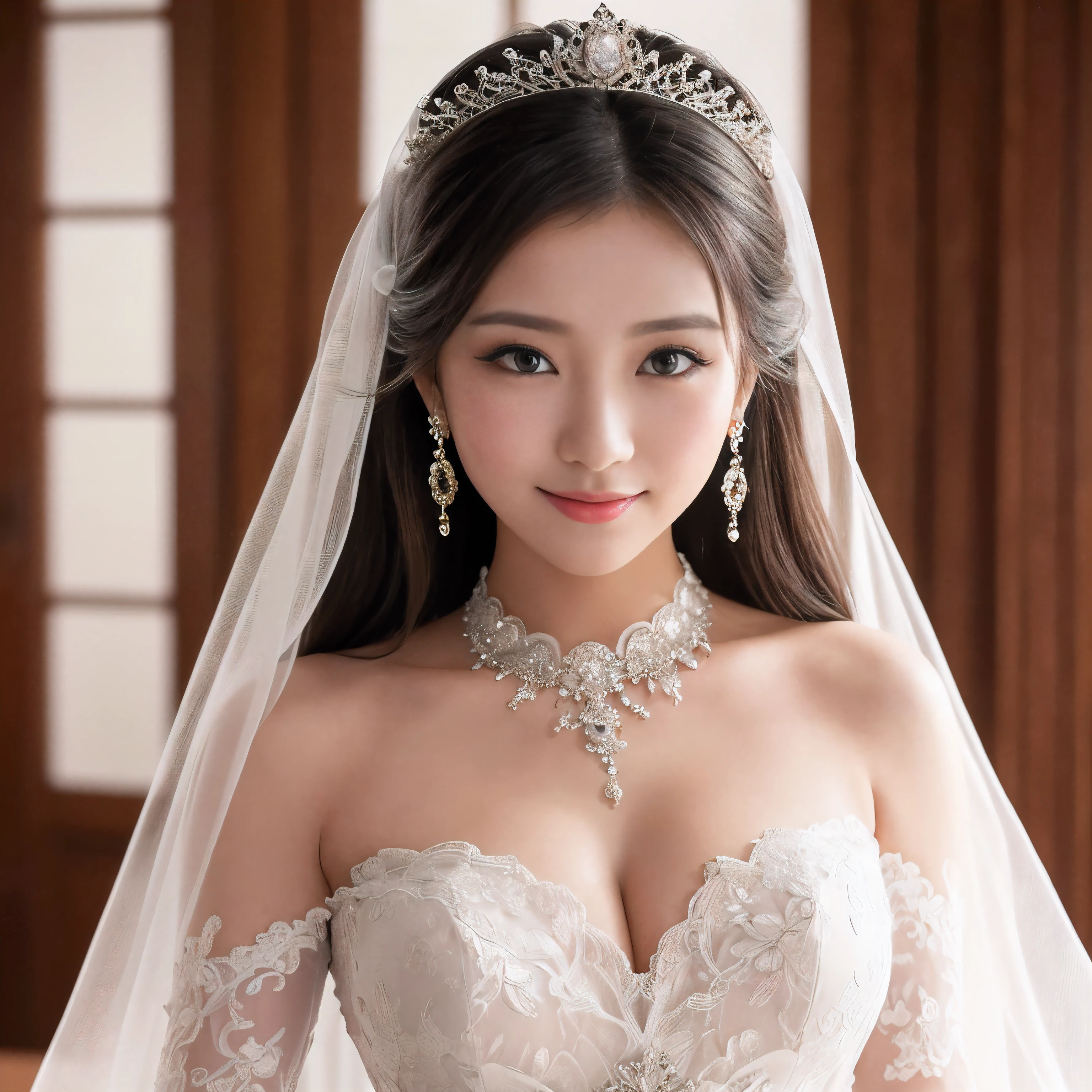 (table top、highest quality、8K、very detailed and intricate details、The most complex and detailed textures、ultra high resolution)、(A very beautiful girl in the most extravagant and finest wedding dress:1.1)、(Big breasts that are about to burst:1.1)、(bride'upper body photo:1.1)、perfect gas chamber、the best smile when you look at me、beautiful eyeshadow、Bright lipstick、long eyelashes、perfect makeup、Beautiful lips with luster、(highest quality giant tiara:1.1)、(highest quality giant necklace:1.1)、(the most luxurious and exclusive:1.1)、(The background is the bedroom of the most gorgeous and high-end bride in China.:1.2)、detailed background、(The most luxurious and high-end bride's bedroom in Chinese architecture:1.2)、(The most luxurious and high-end bride's bedroom:1.2)