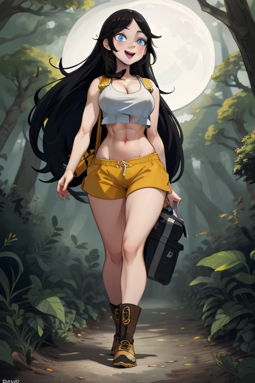 ultra high res, masterpiece, anime style, cell shading, highly detailed, 1girl, long black hair, blue eyes, :d, expressive eyes, perfect face, medium breast, small waist, perfect figure, athletic physique, white crop top, showing cleavage, mid section exposed, wearing a yellow backpack, brown shorts, brown hiking boots, walking, looking at viewer, full body portrait, (Background: Outdoors, in the forest, night, moon light luminating on the forest floor)