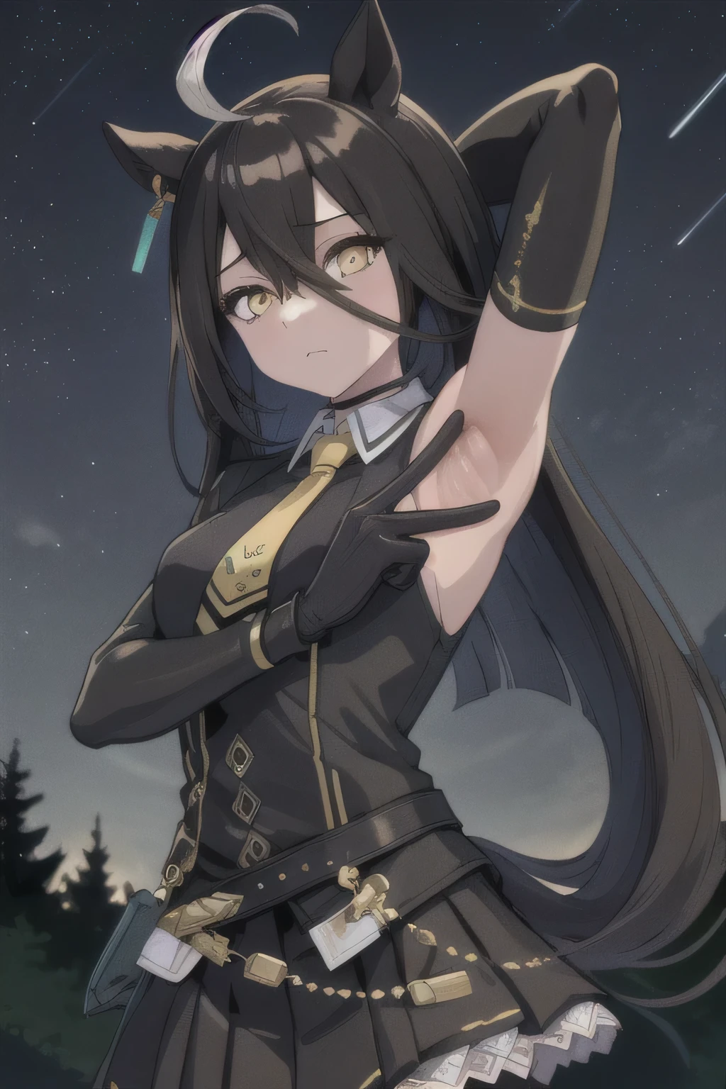 (masterpiece, best quality:1.2), solo, 1girl, manhattancafe, expressionless, looking at viewer, ahoge, black jacket, shirt, necktie, black gloves, skirt, pantyhose, single earring, tail, solo, night sky, forest, arms behind head, contrapposto, spread armpits, closed mouth, upper body,