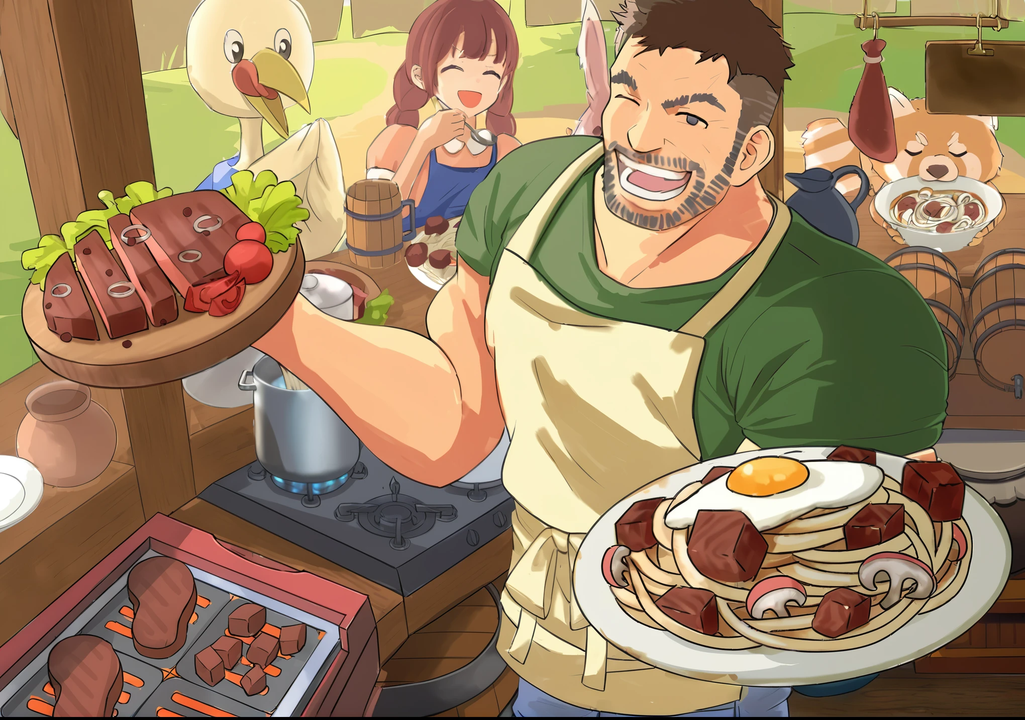 stall、restaurant、meal、semi-indoor、muscular man、animal、bird、raccoon、girl、steak、pasta、barrel、pot、pot、Wooden Buildings、colorful、fine