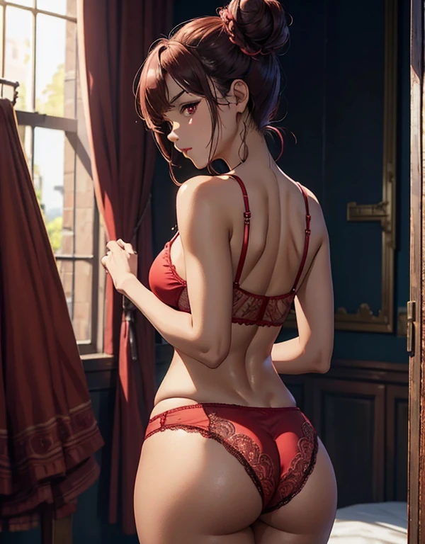 ((best quality)) ((best quality)), ((masterpiece)), (detailed), 4k image, anime style, beautiful woman, brown skin, symmetrical face, cherry pink plump lips, blood red eyes, African looks, fit athletic body, supple thighs, small breasts, toned body, slim waist, short height, sleek hair tied in a messy bun, wide hips, phoenix eyes, small nose, heart-shaped butt, light-red lace pajama cami top, silky light-red lace boyshort, one girl only, full body image, back to the wall, one girl only, brown skin, front view
