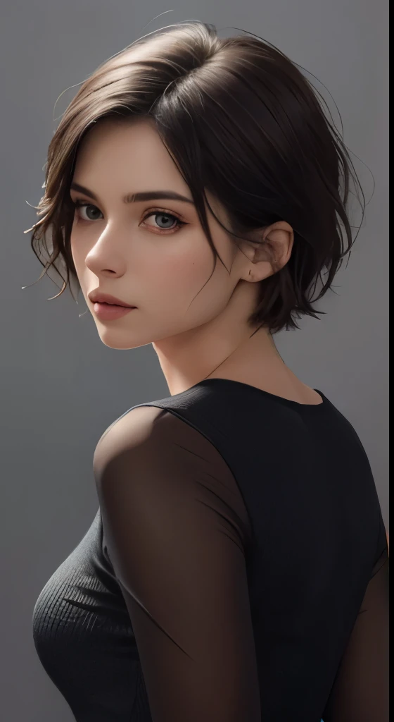 8k uhd、RAWphotograph、モデルphotograph撮影、 (masterpiece, highest quality, photorealistic, High resolution, photograph: 1.3), Close-up, Focusing, hot models, slim, 30 year old mature woman、small face、short cut hair、dark brown hair、Detailed beautiful eyes、realな肌, (perfect body), Sexy hot face, erotic, sexual gaze, slim, Sweat top, Detailed beautiful eyes、glossy lips、small breasts、、bust B cup、((bright light、dynamic lighting、real、超real、 realism、realistic details、Cool Beauty、cool pose、sexy costume、background gray、Plain gray background