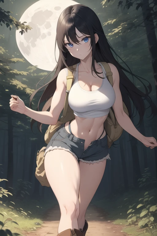 ultra high res, masterpiece, anime style, cell shading, highly detailed, 1girl, long black hair, blue eyes, expressive eyes, perfect face, medium breast, small waist, perfect figure, athletic physique, white crop top, showing cleavage, mid section exposed, wearing a yellow backpack, brown shorts, brown hiking boots, walking, looking at viewer, full body portrait, (Background: Outdoors, in the forest, night, moon light luminating on the forest floor)