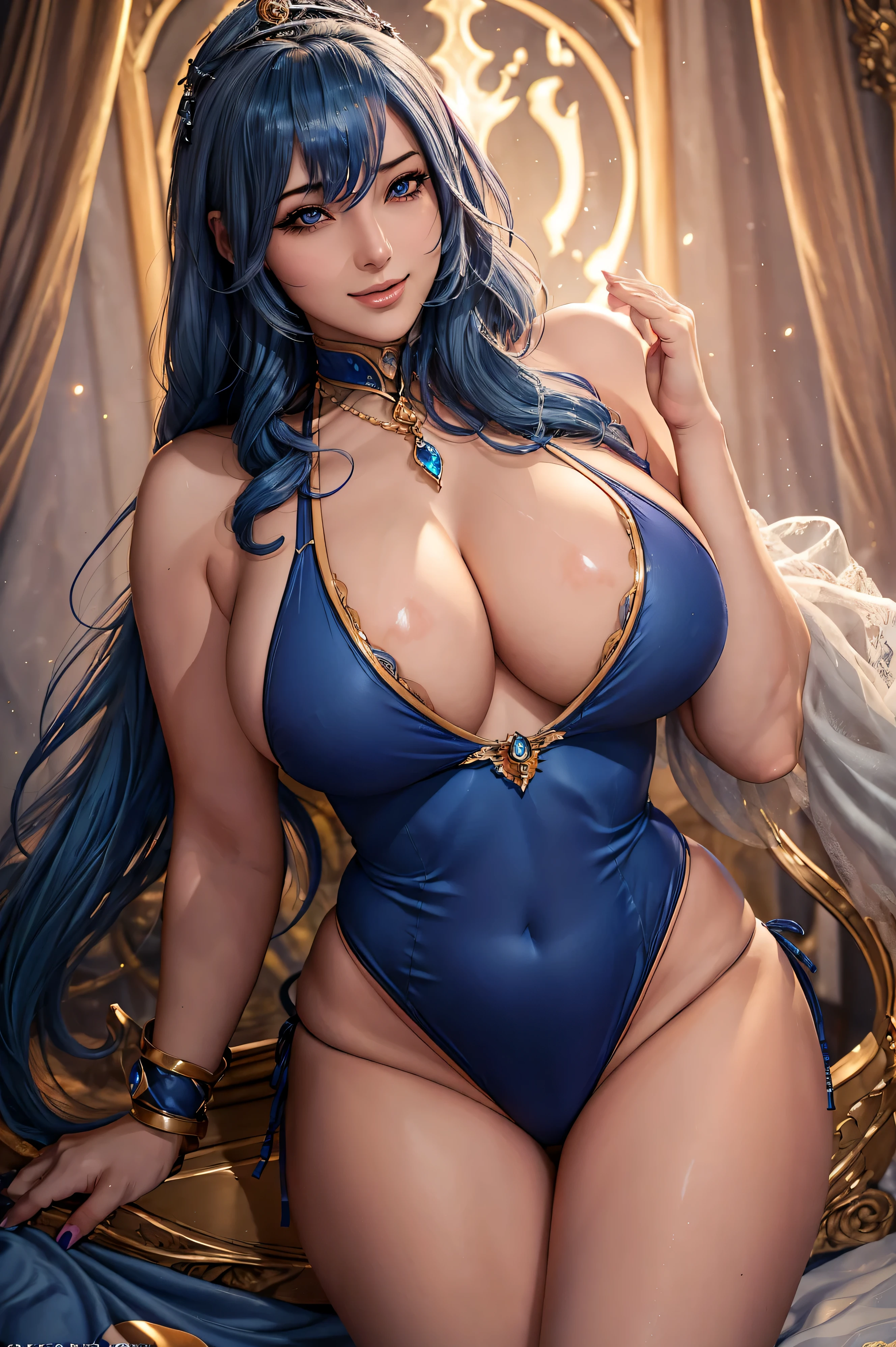 ((queen of ice in norse mythology)), ((sensual body, take up, thick, very beautiful woman, hourglass illustration, big breasts, huge , big ass)),((Dignified woman))(Shiny pure blue hair, medium short, wavy), (cute eyes, pale alabaster skin), ((camel toe)), (Detailed and thick), ((perfect woman image)), ((Huge breasts that are about to burst))、((Giga Breast:1.5))、((large flabby breasts)), Chubby, thick waist, soft belly. masterpiece, highest quality, ((realistic)), ((1 person)), 8K quality, very delicate and beautiful, Official art with attention to detail, (highly detailed hands), digital art, hyper details, top fade, fantasy. (beautiful and detailed eyes, beautiful detailed lips, highly detailed eyes and face, eyelash length), (sensual curves,on all fours,show cleavage,smile, sexy), (thigh gap, camel toe, pubic hair, vulva) Create a captivating visual representation of queen of ice in norse mythology with a take up, voluptuous physique that accentuates her hourglass illustration. Emphasizes plump breasts and bulges, prominent butt cheeks, maintain an attractive aura. she has a bewitching presence, Her body decorated with a unique blend of abstract and realistic designs. (looking at the viewer),((Wearing a luxurious pure blue competitive micro-bikini:1.5)),Wearing a thin veil and gorgeous tiara