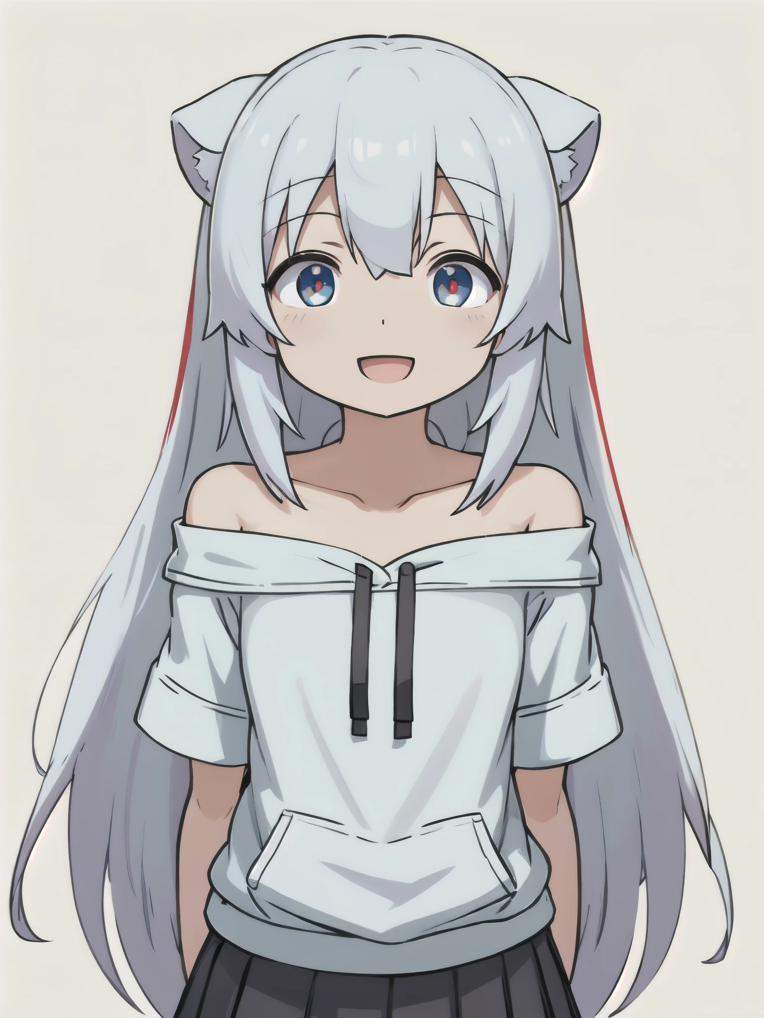 white background、Solid white background、blank background、arms behind back、hide your hands、beautiful detailed eyes、red eyes、White hair x red eyes、White hair, red eyes、redhead inside、(high quality, Breathtaking),(delicate eyes, perfect face)solo,Era: late 20s, Open your mouth without showing your teeth、Smile with mouth wide open、open your mouth wide、white hair,long hair, white hair, off shoulder hoodie,pleated skirt、