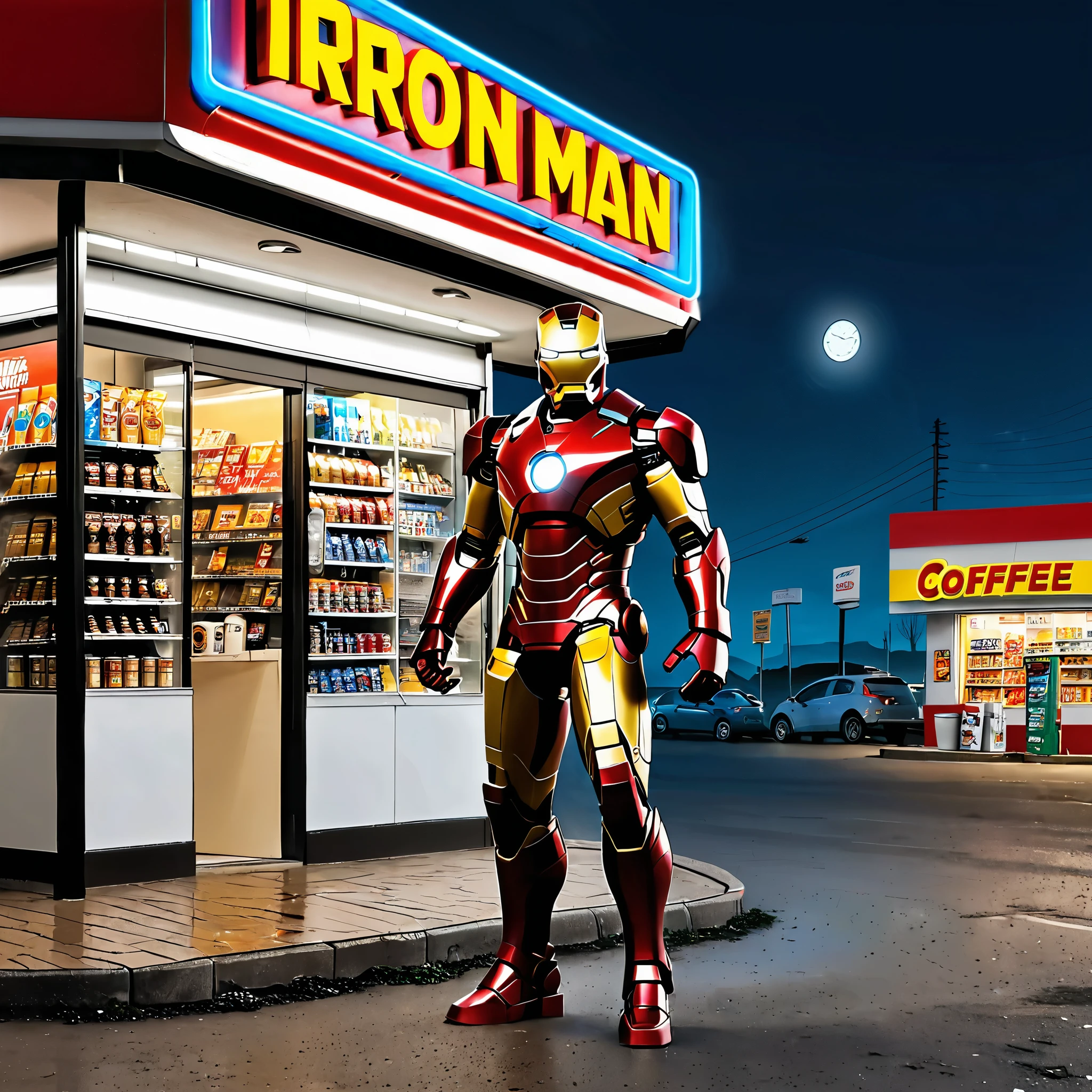 Super Hero Iron Man is landing outside a Convenience store at midnight, he is going in to buy coffee. Big didital clock clearly visible