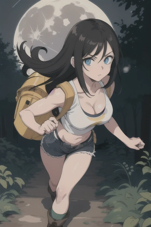 ultra high res, masterpiece, anime style, cell shading, highly detailed, 1girl, long black hair, blue eyes, expressive eyes, perfect face, medium breast, small waist, perfect figure, athletic physique, white crop top, showing cleavage, mid section exposed, wearing a yellow backpack, brown shorts, brown hiking boots, walking, looking at viewer, full body portrait, (Background: Outdoors, in the forest, night, moon light luminating on the forest floor)