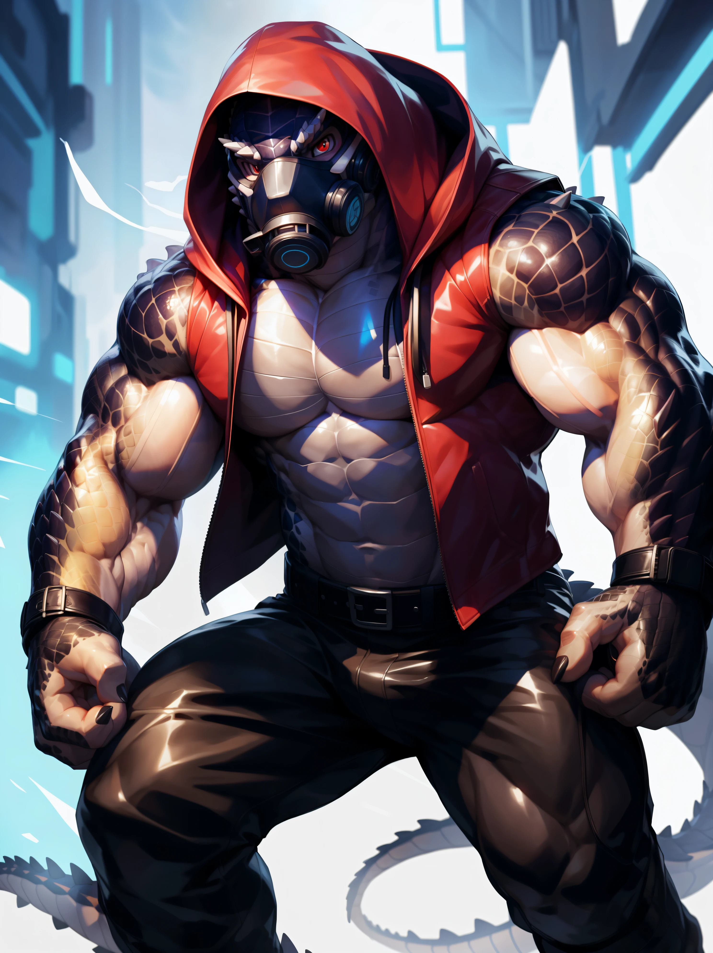 solo, anthro, furry male, crocodile, ((Spiny scales, scales, detailed muscles)), (Crocodile print), black scales, white belly, spiny scales, standing up, mask, gas mask on mouth, valves on mask, clear tubes on mask, leather jacket, leather pants, black claws, red eyes, slit eyes, slim fit, muscular slim, belts around arms, belts around legs, holding fist forward, cyberpunk background, cyber upgrades, crazed look, menacing, raging, angry, detailed eyes, pecs, hooded vest, hood, tail, long tail, squatting, looking at viewer, , opened vest (red vest), belts around arms, belts around legs (Masterpiece, by null-ghost, hi-res, 8k), sleeveless jacket, face sideways, leaning forward, arm on leg