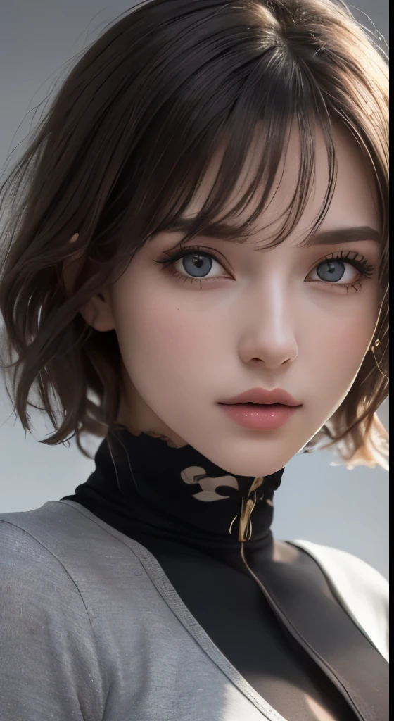 8k uhd、RAWphotograph、モデルphotograph撮影、 (masterpiece, highest quality, photorealistic, High resolution, photograph: 1.3), Close-up, Focusing, hot models, slim, 30 year old mature woman、small face、short cut hair、dark brown hair、Detailed beautiful eyes、realな肌, (perfect body),  hot face, ,  gaze, slim, Sweat top, Detailed beautiful eyes、glossy lips、small 、、 B cup、((bright light、dynamic lighting、real、超real、 realism、realistic details、Cool Beauty、cool pose、 costume、background gray、Plain gray background