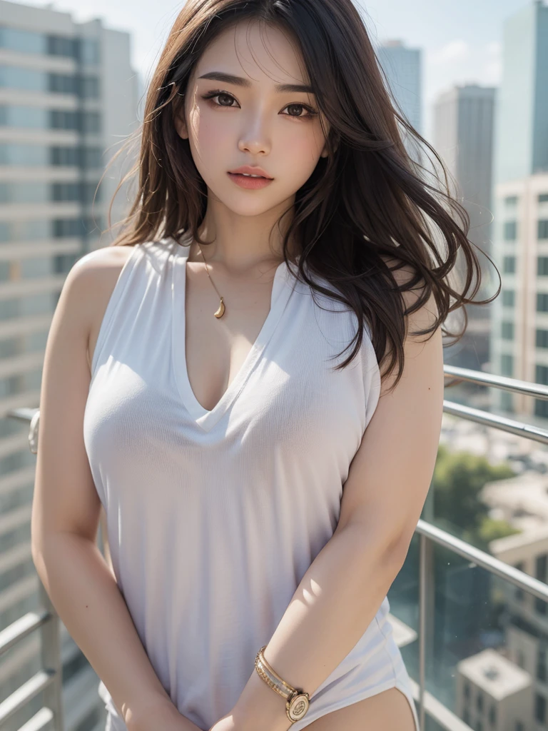 (Highest Quality, 8K,32K,Masterpiece, UHD:1.2),Raw Photo,(Realistic:1.4),_ Breaking (1 Girl:1.2),Beautiful 24 year old woman, Beautiful Japanese woman, Great head height, Slim abs, Full D cup breasts, D cups, Beautiful breasts, Sweaty breasts Erect nipples, Beautiful hands and fingers, 5 fingers, _ Breaking (Arranged Hairstyles:1.4), Dark hair, Shiny hair, Light make-up, Glossy lips, Fine skin, Clear skin, Double, Sparkling beautiful eyes, Long fleshy legs, Full face, (Big white T-shirt, Hot pants, simple sneakers),(early morning:1.2), morning sunlight, balcony, smoking