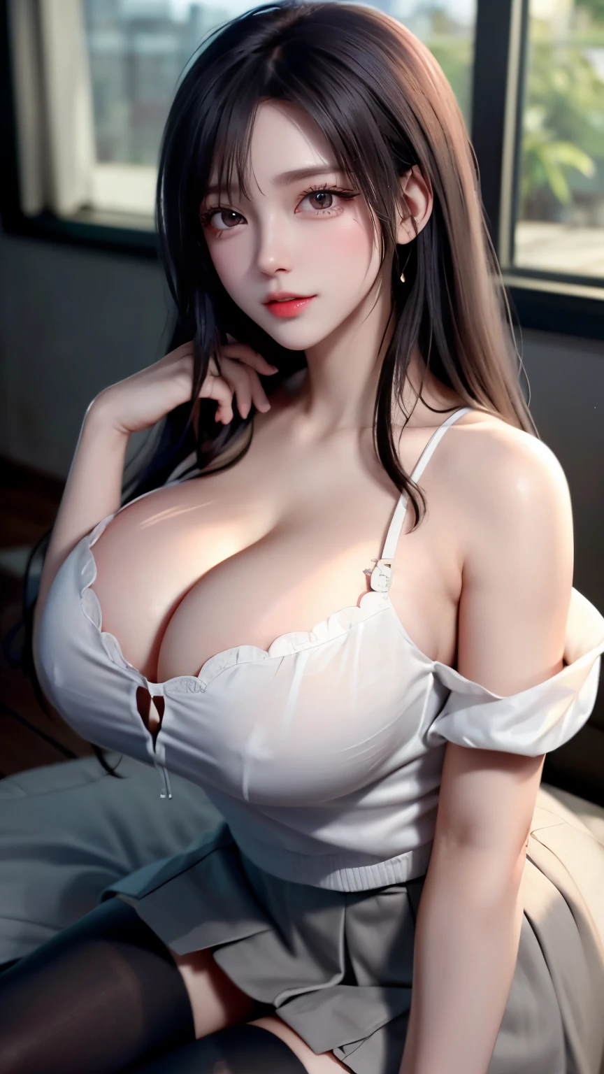 (8K, Raw photo, realistic:1.25) ,（very delicate and beautiful：1.2）,(big eyes),(big breasts:2.0),(long cleavage:2.0),(beautiful breasts:1.5),( lip gloss, eyelash, shiny face, Glossy skin, highest quality, ultra high resolution, Depth of the bounds written, chromatic aberration, caustics, wide range lighting, natural shading,K-POPアイドル) She looks at the viewer with a calm, goddess-like happiness.,sensual, blush, sweating, vivid details, Super detailed, realistic skin texture, Beautiful eyes in every detail,Muchimuchi,mini skirt,blush,sweating,Thighhighs,half up
