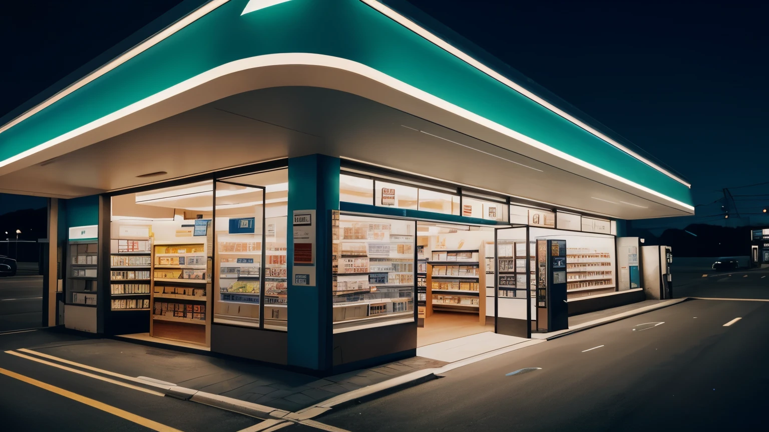 Seven-Eleven, Family Mart, Lawson, best quality, super fine, 16k, RAW photo, photorealistic, incredibly absurdres, extremely detailed, delicate, flashy and dynamic depiction, convenience store late at night, the products are neatly lined up, there is no one there, and the lights are shining brightly, midnight