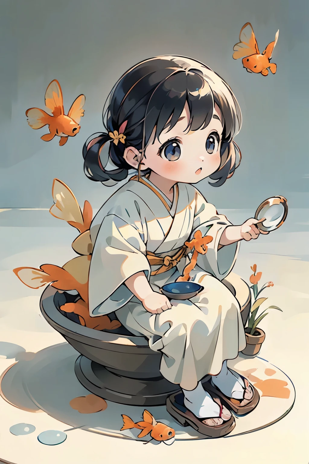 (muste piece:1.2)、(Highest image quality:1.1)、(Super fine:1.1)、(realism:1.2)、(colorful:1.2)、(baby-faced girl)、(Japanese:1.1)、(Clothing Samples:1.1)、(Girl playing with goldfish scoop:1.3)、(colorfulコンタクトレンズ:1.2)、(full body shot:1.2)、(summer:1.1)、Background is blue