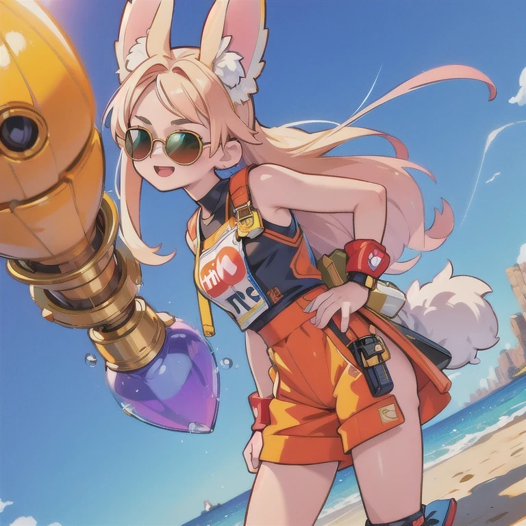 (masterpiece, best quality:1.2), 1girl, ((masterpiece, highest quality, Highest image quality, High resolution, photorealistic, Raw photo, 8K)), Retro Game, Nintendo, SEGA, Namco, Cyberpunk 1:25 miniatures,illustration,Side viewing angle,((Side viewing angle)),Wear gold wire-rimmed reflective sunglasses,Carry future weapons,very happy,Side viewing angle,whole body,three-dimensional,octane rendering,Perfect face,Collagen texture((flowing hair))((Gradient long fur rabbit ears))
