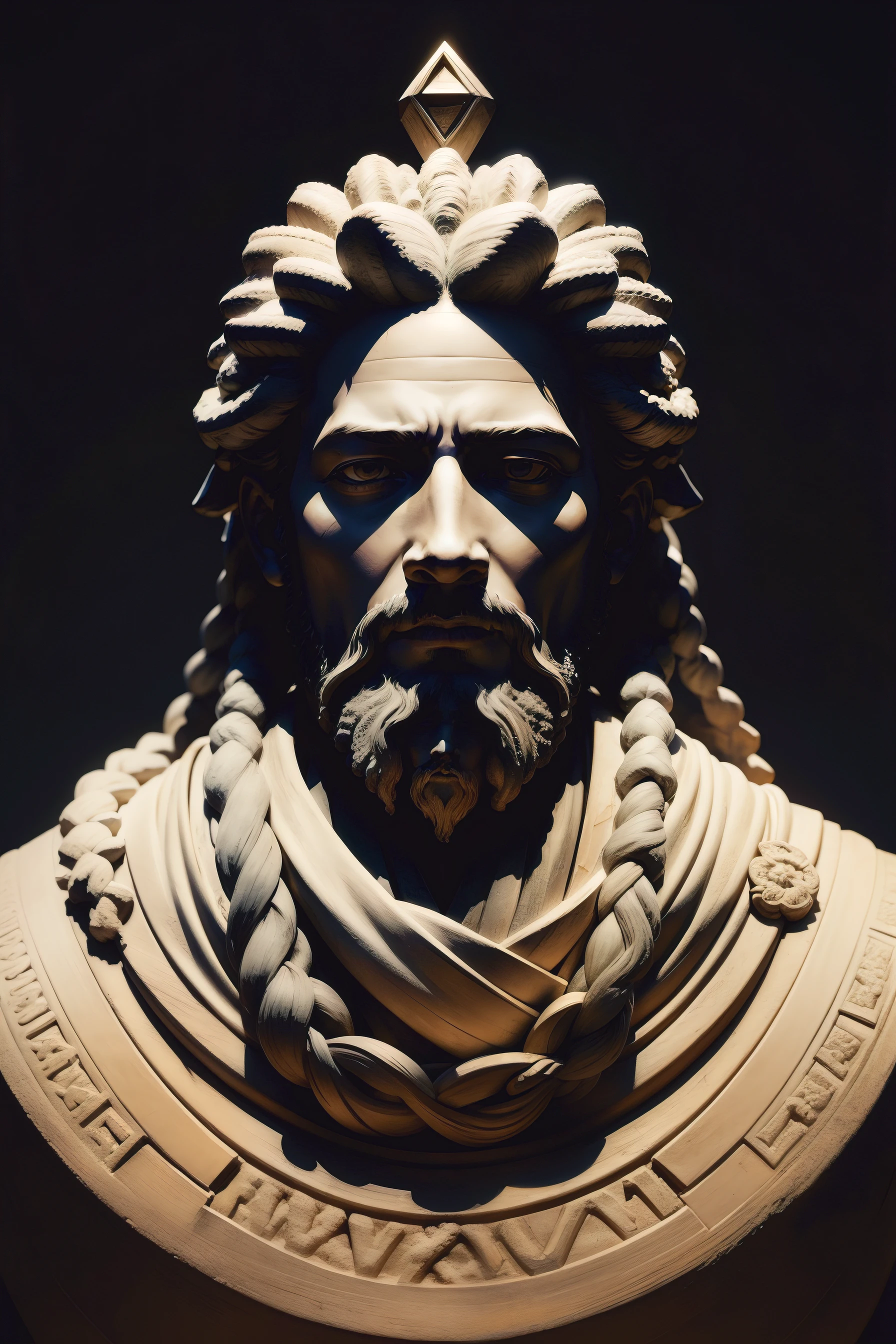 Realistic statue with all-black background of ancient philosopher Marcus Aurelius with  long dreadlocks thoughtful. obra-prima, melhor qualidade, Textura 8K, altamente detalhados, realista, soft Cinematic Light, HDR, sharp focus, obra-prima, fotorrealista, fotografia premiada, Canon EOS R5, 35 mm.