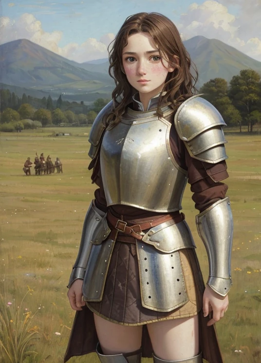 beautiful teenage girl, short wavy brown hair, Rough, pale skin, freckles. goddess, Padded Armor, Cloth armor, Baggy shirt, Baggy jacket, Gambeson, Quilted Armor,armor with short skirt, blush, highest quality, oil painting, painting, classical painting,on the field, masterpiece, medieval infantry