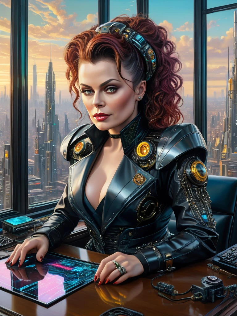 Masterpiece photorealistic oil on canvas painting of an ambitious, greedy, lean and mean business woman [Helena Bonham Carter:Lisa Stansfield:0.5] with a detailed face, stylish neo-medieval-Cyberpunk fashion outfit, at her cyberpunk lavish office, big clear transparent windows, neon, insanely detailed and intricate city view from the windows with futuristic gadgets on her desk, an AI assistant hovering nearby with subtle circuit patterns on its surface and a holographic interface around it, Don Lawrence Style