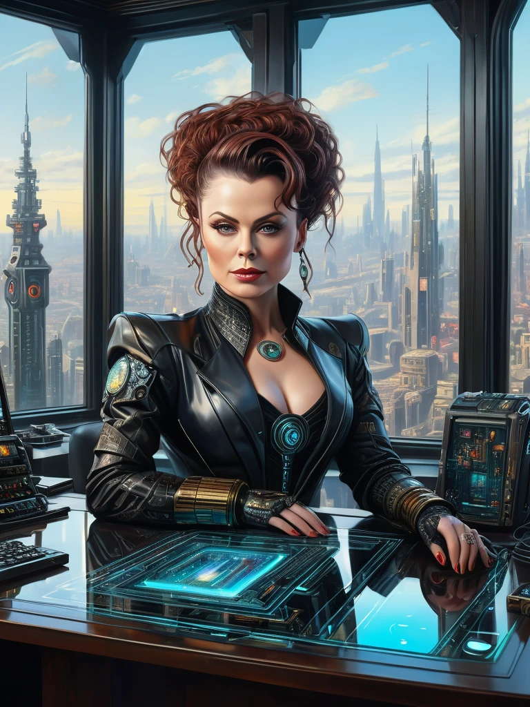 Masterpiece photorealistic oil on canvas painting of an ambitious, greedy, lean and mean business woman [Helena Bonham Carter:Lisa Stansfield:0.5] with a detailed face, stylish neo-medieval-Cyberpunk fashion outfit, at her cyberpunk lavish office, big clear transparent windows, neon, insanely detailed and intricate city view from the windows with futuristic gadgets on her desk, an AI assistant hovering nearby with subtle circuit patterns on its surface and a holographic interface around it, Don Lawrence Style
