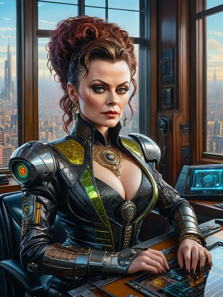 Masterpiece photorealistic oil on canvas painting of an ambitious, greedy, lean and mean business woman [Helena Bonham Carter:Lisa Stansfield:0.5] with a detailed face, stylish neo-medieval-Cyberpunk fashion outfit, at her cyberpunk lavish office, big clear transparent windows, neon, insanely detailed and intricate city view from the windows with futuristic gadgets on her desk, an AI assistant hovering nearby with subtle circuit patterns on its surface and a holographic interface around it, Don Lawrence Style