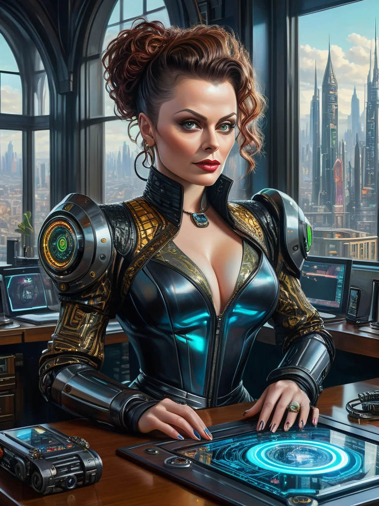 Masterpiece photorealistic oil on canvas painting of an ambitious, greedy, lean and mean business woman [Helena Bonham Carter:Lisa Stansfield:0.5] with a detailed face, stylish neo-medieval-Cyberpunk fashion outfit, at her cyberpunk lavish office, big clear transparent windows, neon, insanely detailed and intricate city view from the windows with futuristic gadgets on her desk, an AI assistant hovering nearby with subtle circuit patterns on its surface and a holographic interface around it, Don Lawrence Style