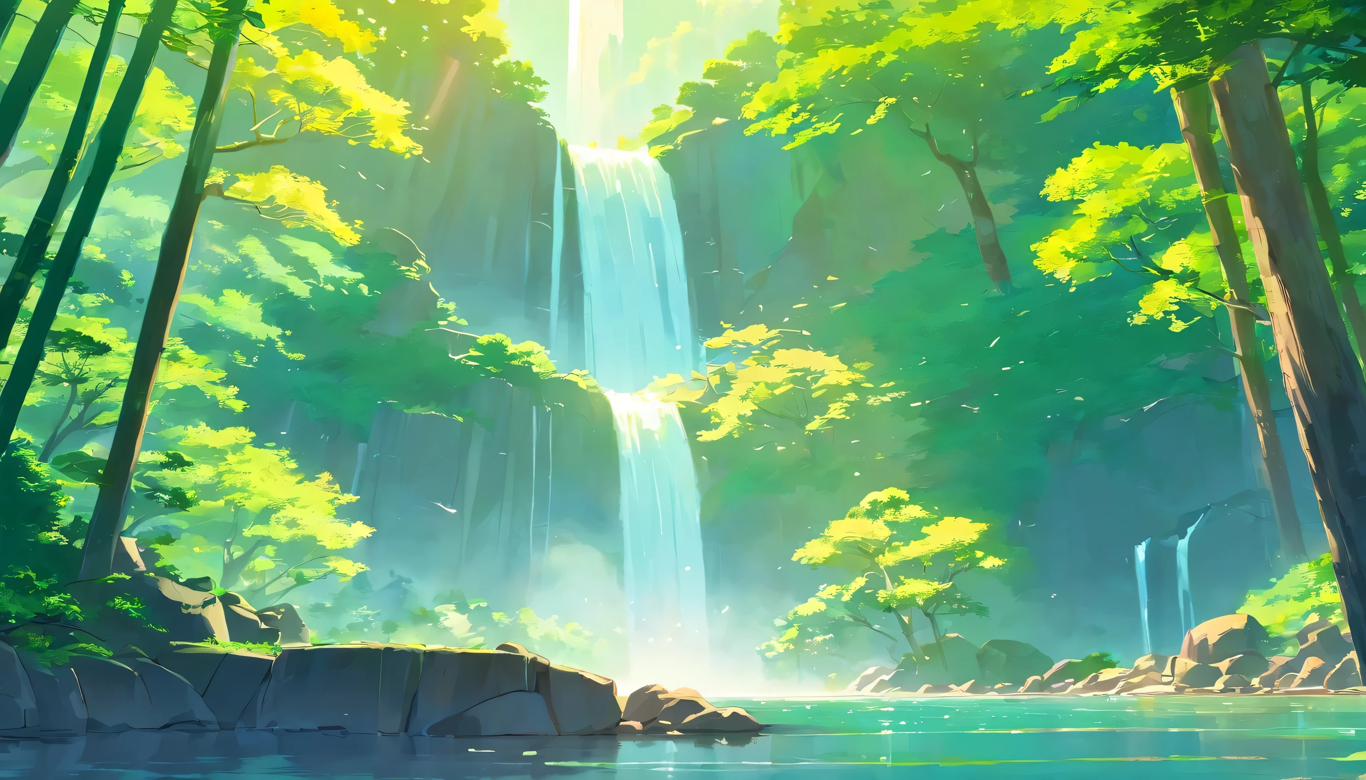 Chinese Landscape Ink Painting low Angle Perspective OC Rendered Sculpture, green forest, one big tree on side, waterfall and river on side, morning vibes with sun, 4K