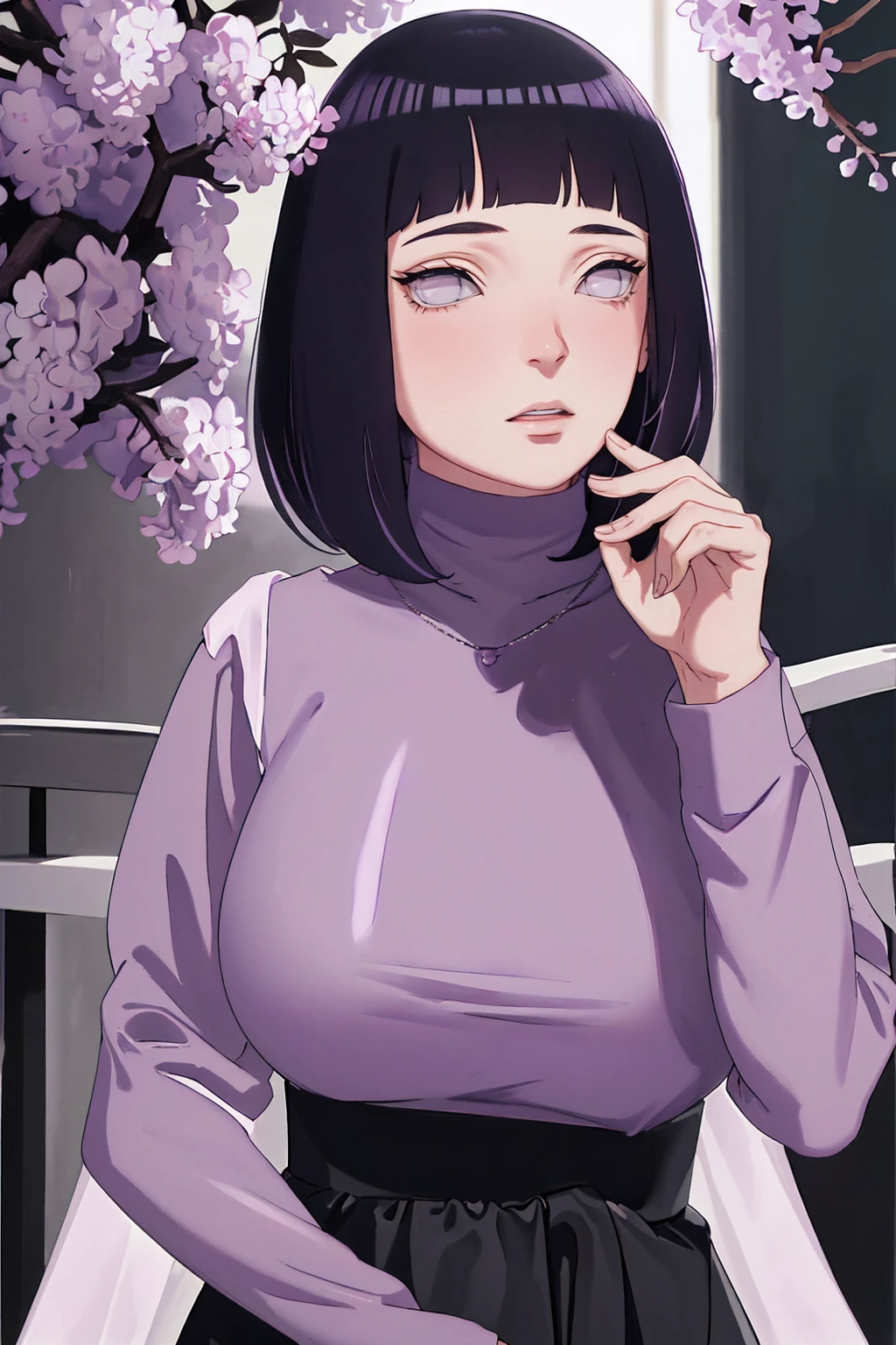 { - anatomy error} (Masterpiece - Ultra-detailed, very high resolution) (huge titusty, masterpiece, absurdres, hinata\(boruto\), 1girl, solo,mature female, lilac turtleneck blouse, black pant, perfect composition, detailed lips, big breast, beautiful face, body propotion, blush, (pink lips), short hair, (black hair), purple eyes, soft gaze, super realistic, detailed, photoshoot, realistic face and body, closed mouth , lilac eyes, upper body, hidden hands, perfect fingers, inocent face, portrait, , backwards, looking back, dynamic poses