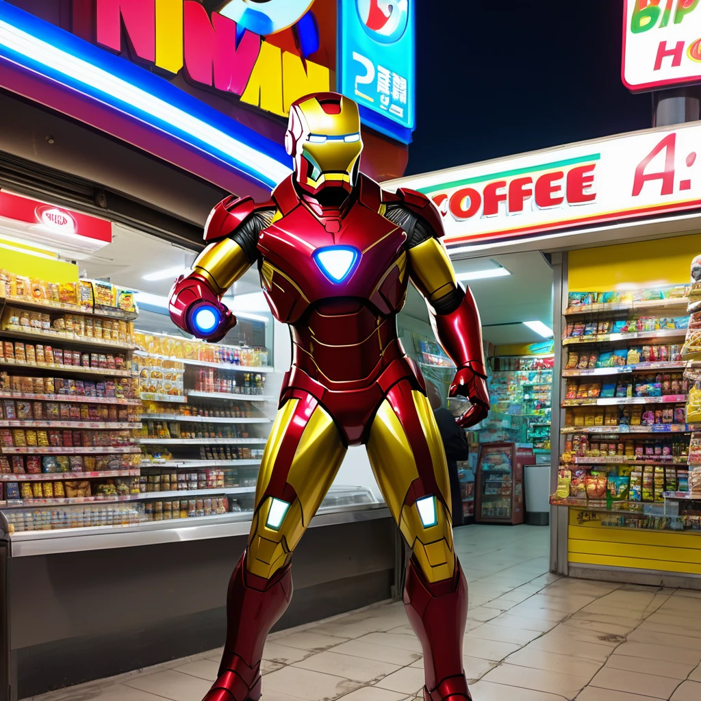 Super Hero Iron Man is landing outside a Convenience store at midnight, he is going in to buy coffee and flirt with the gorgeous busty clerk. Big digital clock clearly visible