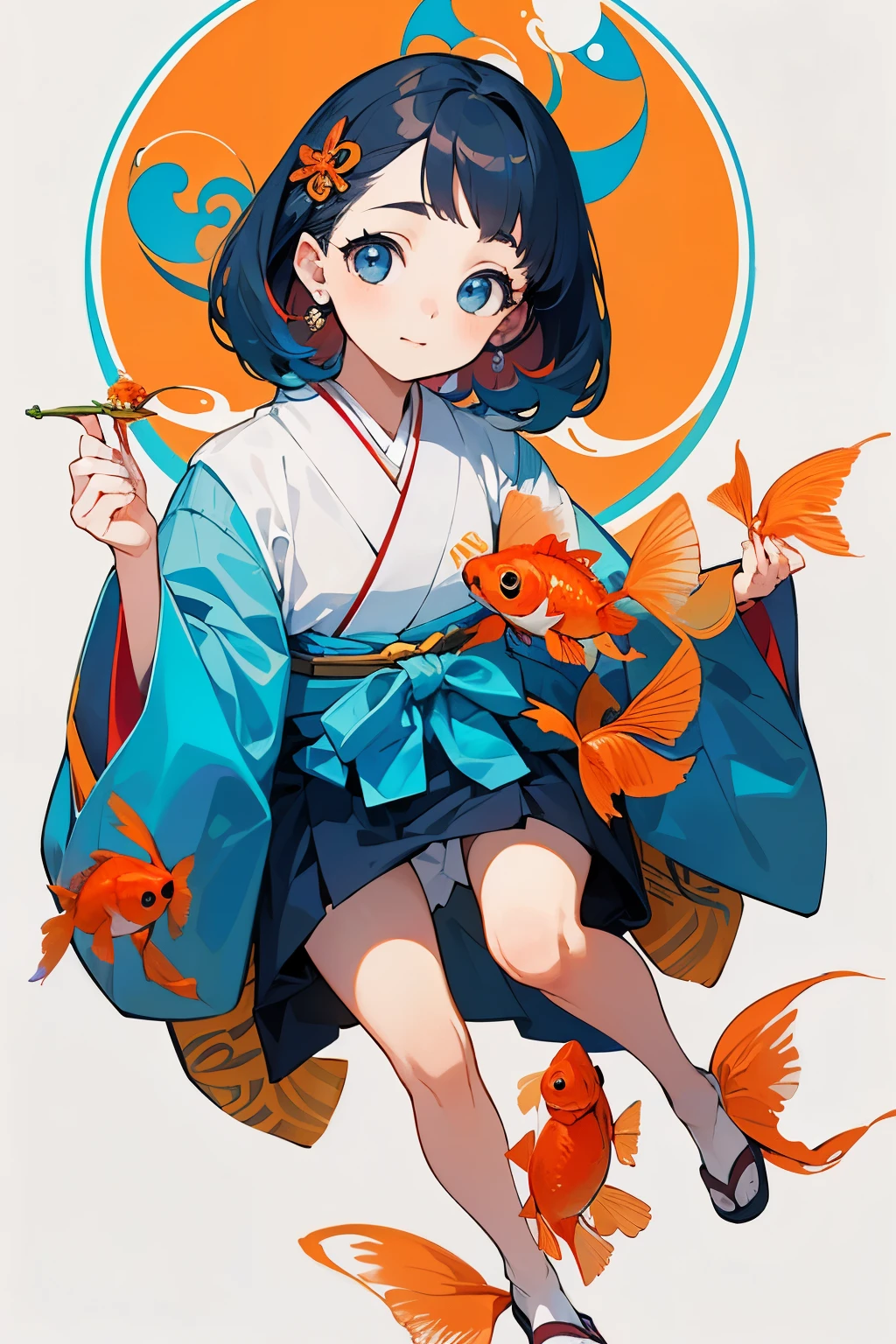 (muste piece:1.2)、(Highest image quality:1.1)、(Super fine:1.1)、(realism:1.2)、(colorful:1.2)、(-facel)、(Japanese:1.1)、(Clothing Samples:1.1)、(Girl playing with goldfish scoop:1.3)、(colorfulコンタクトレンズ:1.2)、(full body shot:1.2)、(summer:1.1)、Background is blue