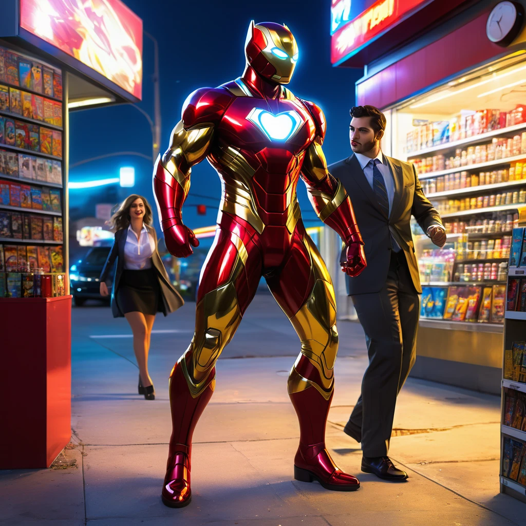 Super Hero landing,outside of Convenience store, midnight,buying coffee,flirting with clerk,busty clerk,big digital clock clearly visible,Medium:comic book art,shiny metallic suit,glowing arc reactor,exquisite details,heroic pose,energetic atmosphere,dynamic lighting,ultra-high resolution,professional concept artist,realistic portrait,vibrant colors,heroic genre,
color scheme: red and gold, intense highlights and shadows.