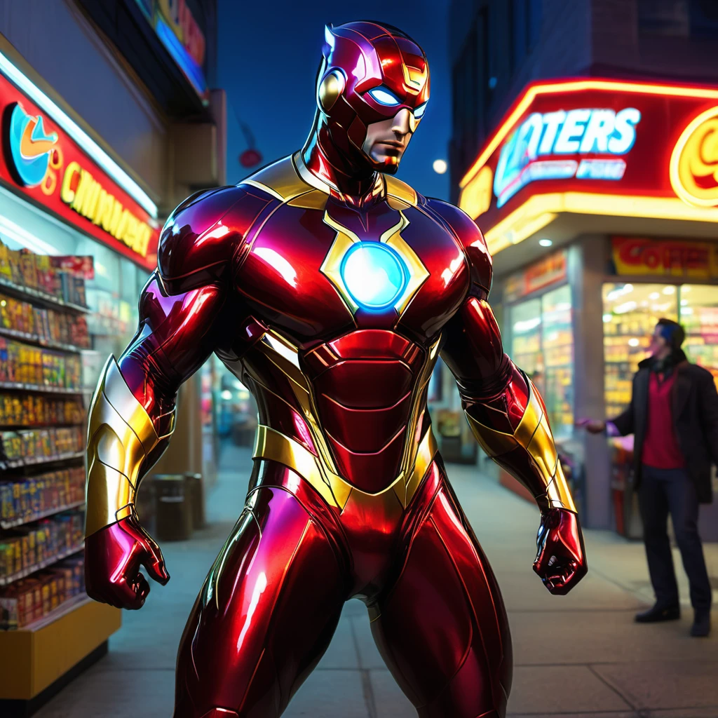 Super Hero landing,outside of Convenience store, midnight,buying coffee,flirting with clerk,busty clerk,big digital clock clearly visible,Medium:comic book art,shiny metallic suit,glowing arc reactor,exquisite details,heroic pose,energetic atmosphere,dynamic lighting,ultra-high resolution,professional concept artist,realistic portrait,vibrant colors,heroic genre,
color scheme: red and gold, intense highlights and shadows.