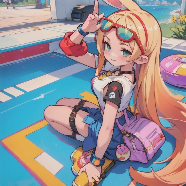 (masterpiece, best quality:1.2), 1girl, ((masterpiece, highest quality, Highest image quality, High resolution, photorealistic, Raw photo, 8K)), Retro Game, Nintendo, SEGA, Namco, Cyberpunk 1:25 miniatures,illustration,Side viewing angle,((Side viewing angle)),Wear gold wire-rimmed reflective sunglasses,Carry future weapons,very happy,Side viewing angle,whole body,three-dimensional,octane rendering,Perfect face,Collagen texture((flowing hair))((Gradient long fur rabbit ears))