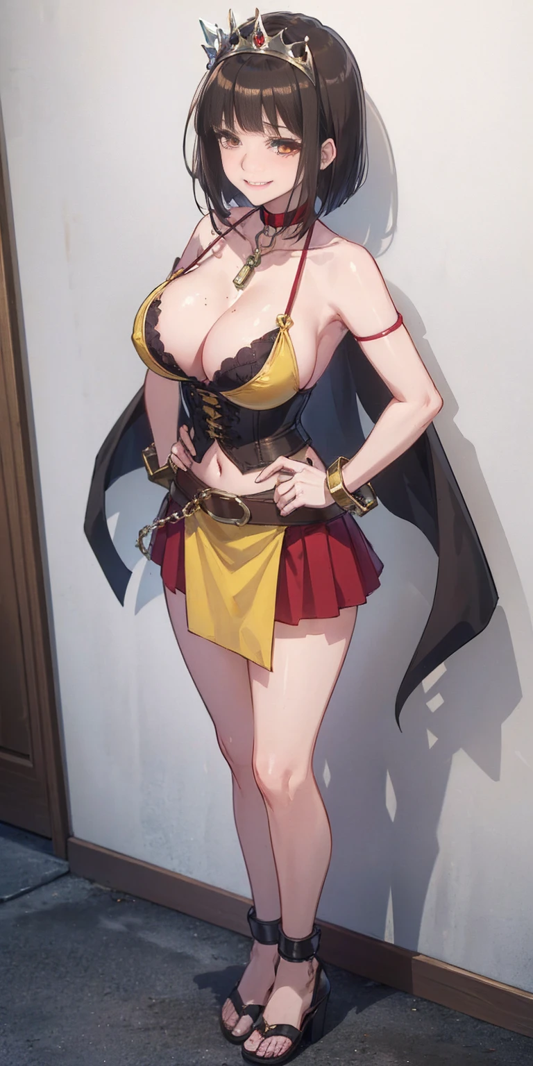 ((BLACK BACKGROUND,1:2, masterpiece)), full body MILF BIMBO standing with two long thighs and two high heels, red eyes, silver white hair, short bob style hair, big breasts, cleavage, separate sleeves, tiara royal, long cape up to two feet, yellow bikini, hands on waist, navel, lustful smirking smiling, smile face (red blushed, red cheeks), metal shoulders, gold sleeveless armbands, black leather choker slave collar, shackle bracelets, sex slave red crest, full body MILF BIMBO standing with two long thighs and two metal sandals, red eyes, silver white hair, short bob style hair, big breasts, cleavage, separate sleeves, tiara royal, long cape up to two feet, yellow bikini, hands on waist, navel, lustful smirking smiling, smile face (red blushed, red cheeks), metal shoulders, gold sleeveless armbands, black leather choker slave collar, shackle bracelets, sex slave red crest, pauldrons, breastplate, corset, eye focus, full body, whole body. 1solo . slave fighter, loincloth standing, hands on hips, metal sandals, backpack, choker, big belt, view from below, feet together, bracers, tiara)