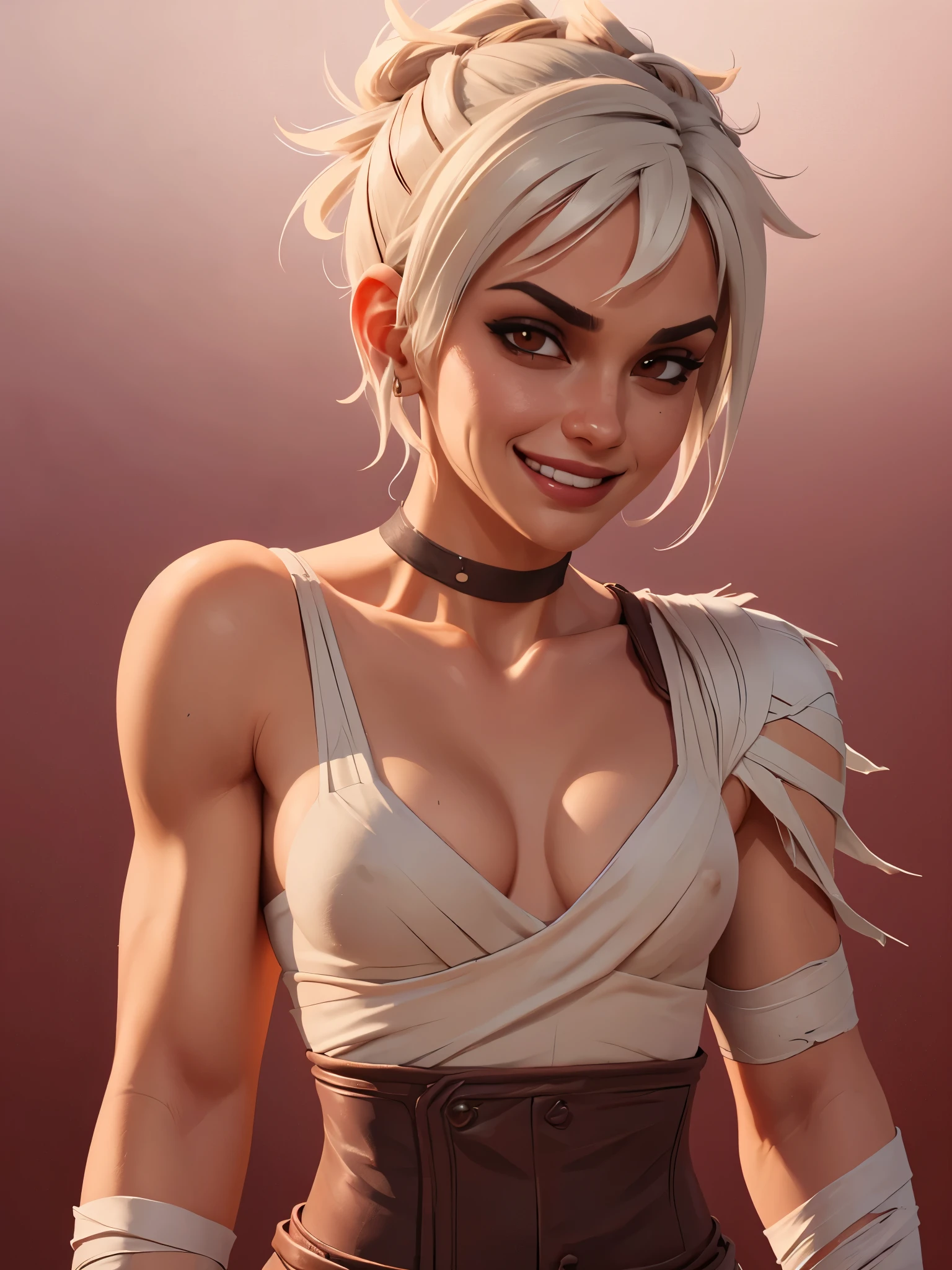 one white girl, riven, riven of league of legends, solo, abs, slender body, (upper body, bust:1.2), brown eyes, white hair, choker, (white skin:1.1), (toga, roman clothes, tiny breasts, small breasts, male chest, cleavage:1.5), bare shoulders, belts, shoulder-belts, masterpiece, highly detailed, look at viewer, expressing joy, shiny blured orange background, gradient sprayed background, smile, happy face, naughty grin, front view, gradient red purple background, blured background, glowing edges of image