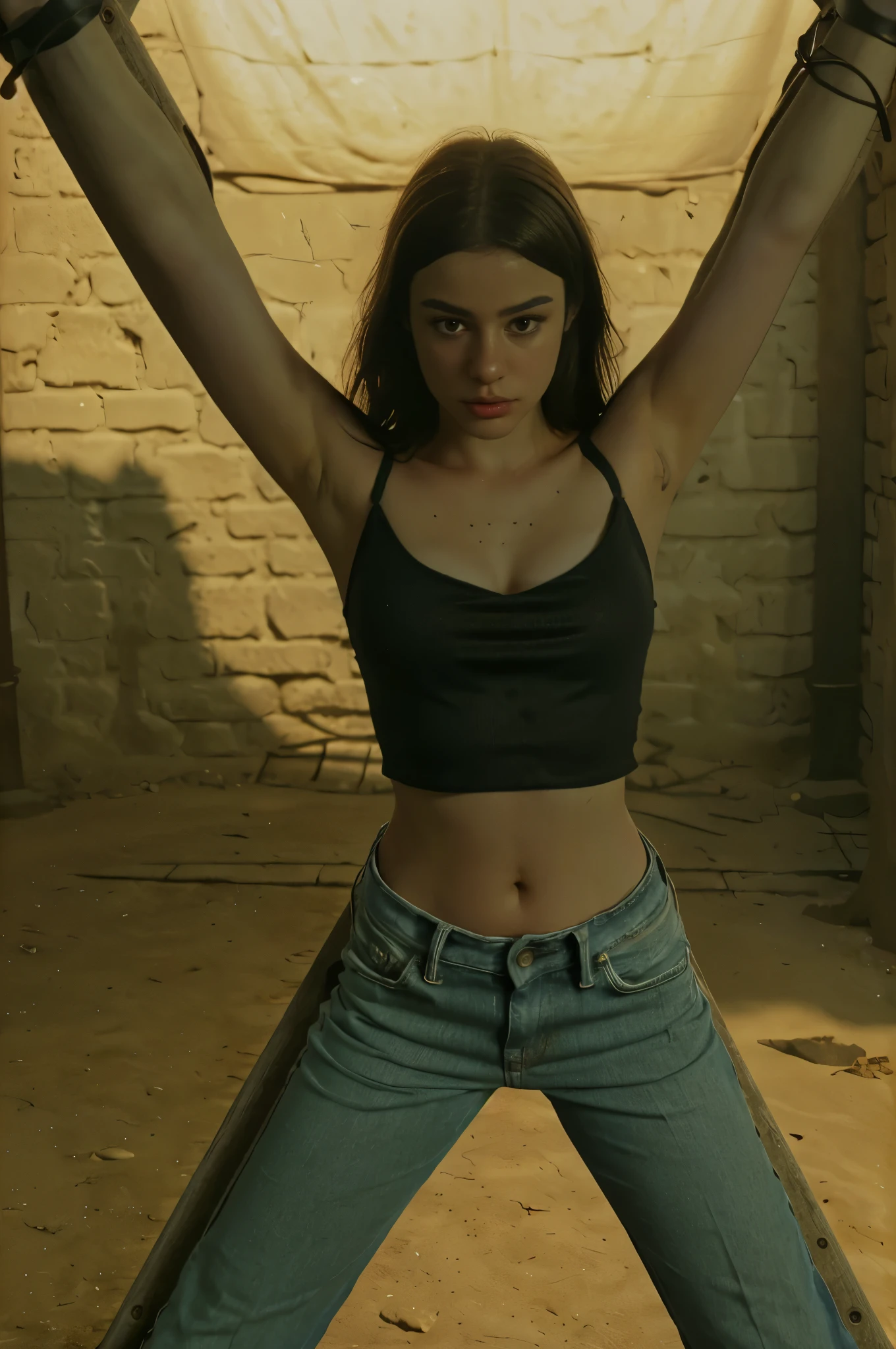 Indie game realistic Photo,(woman in stocks pose,full body with cuffs, wearing a jeans and tank top, low neckline,  photo in a Dungeon of Dasha TAran, Vivid colors, trending on CGSociety, Intricate, high Detail, dramatic lighting