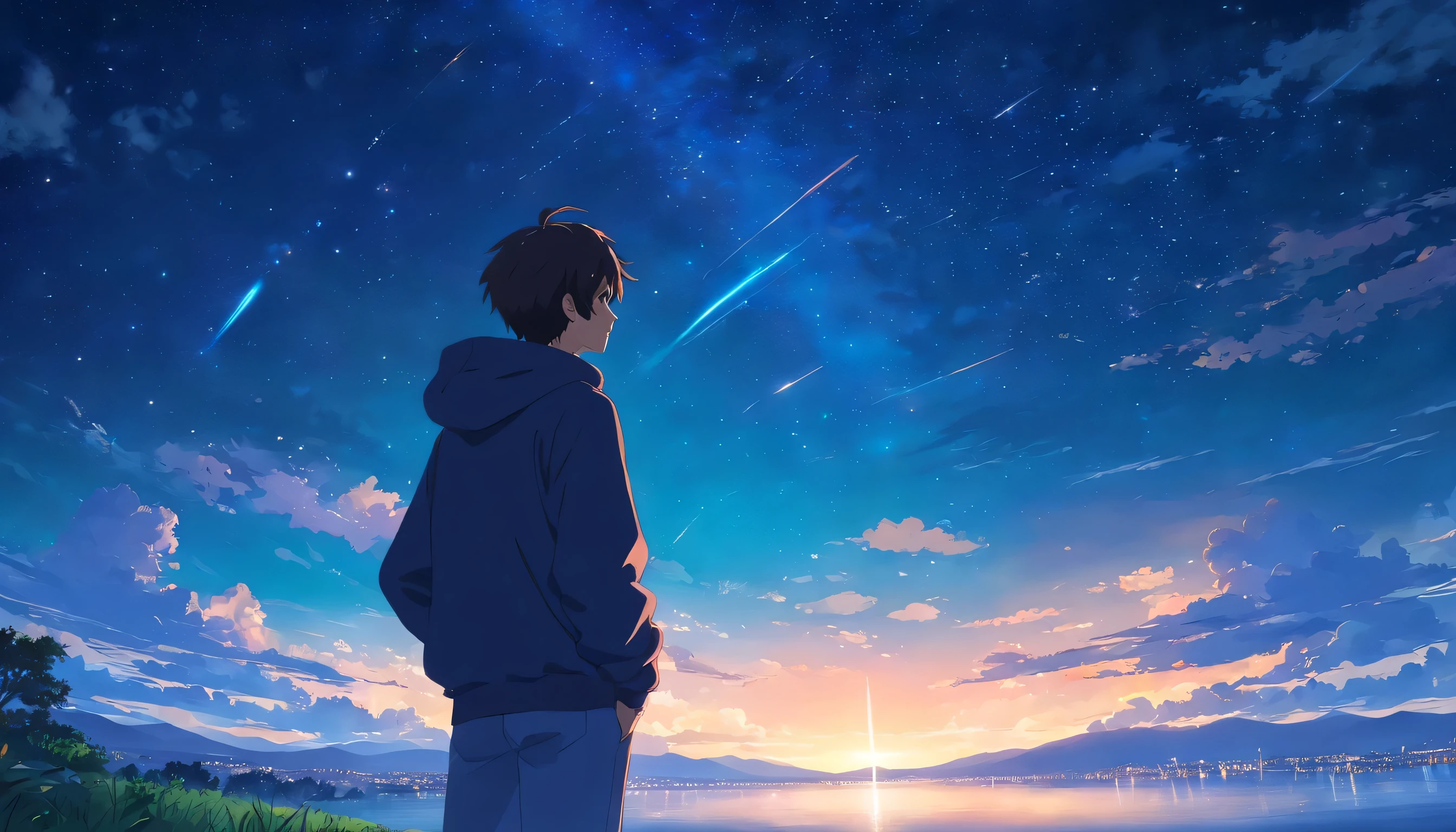 High quality masterpiece, landscape, cloud, Man wearing a black hoodie, looking up, starry sky, concept art, night, makoto shinkai, beautiful anime scene, anime landscape, Detailed landscape — width 672, makoto shinkai's style, makoto shinkai's style, Enhanced details, starry sky