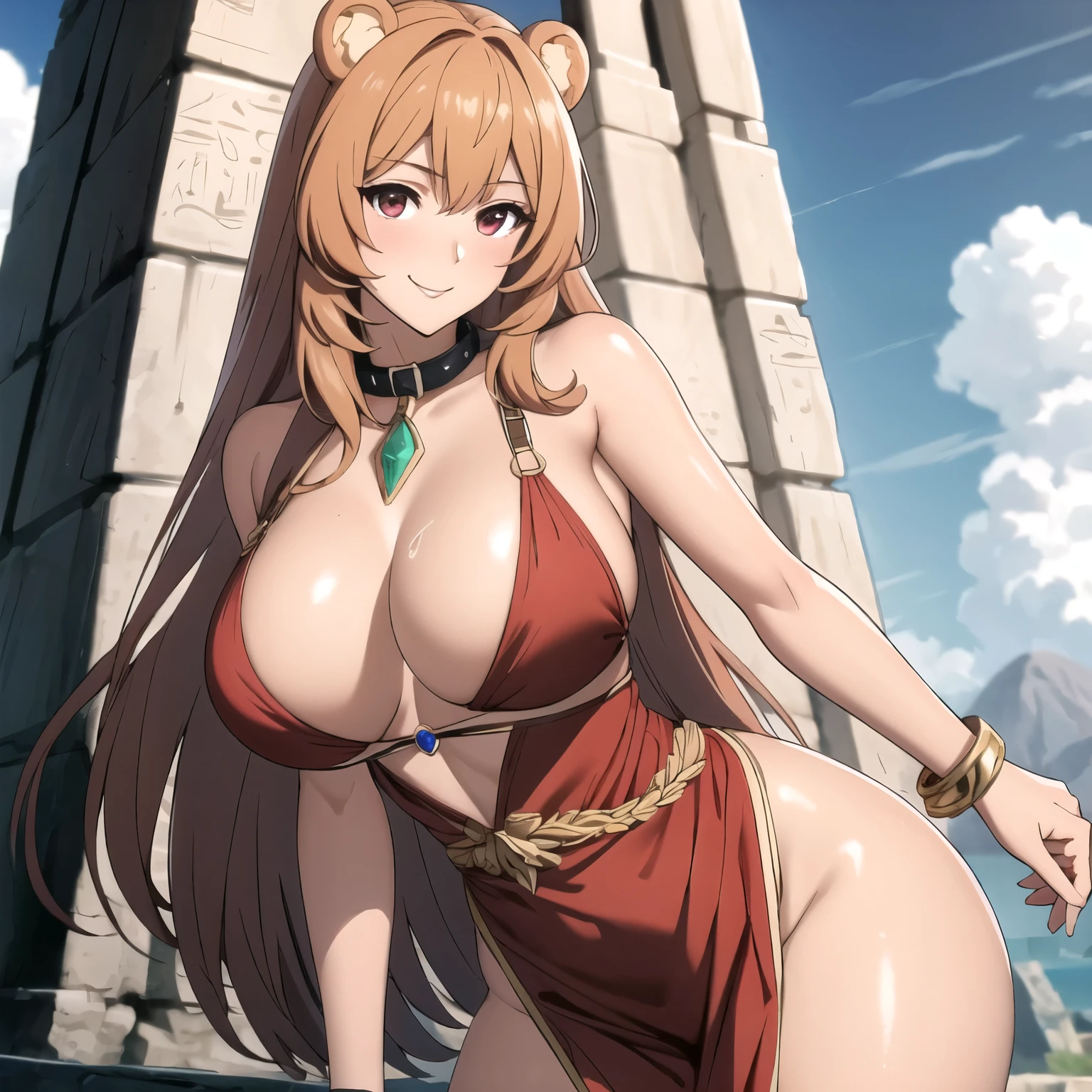 1 mujer. Raphtalia woman 24 years old orange blonde hair, orejas de oso, red eyes like rubies, piel clara, pechos grandes Excelente calidad, sumamente colorido, vestida con un vestido egipcio blanco, con escote profundo, con aberturas a los costados de la falda, dejando al descubierto sus piernas, con collar antiguo, estilo egipcio, pulseras doradas, aretes azules, usa bragas de encaje rojo (dejando al descubierto casi todo), cabello largo, cabello lacio, ojos , mirada muy traviesa, erotic smile, sonrisa sexy, ultra mujer sexy , pechos por encima del promedio, pechos firmes, entorno del antiguo Egipto, at the top of a pyramid, sol de fondo, alto contraste brilla piel grasa, piel ultra bronceada.