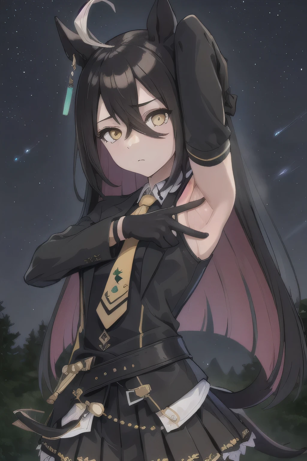 (masterpiece, best quality:1.2), solo, 1girl, manhattancafe, expressionless, looking at viewer, ahoge, black jacket, shirt, necktie, black gloves, skirt, pantyhose, single earring, tail, solo, night sky, forest, arms behind head, contrapposto, spread armpits, closed mouth, upper body,