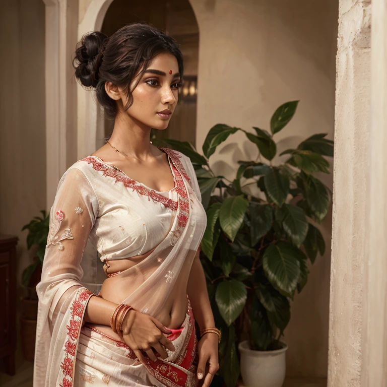 (best quality,8k,highres,masterpiece:1.2),ultra-detailed,realistic,indian woman,30 years old,full body image,glowing skin,bun hair style,looking at viewer,beautiful detailed face,white saree with red rose embroidery,detailed clothing style,day time