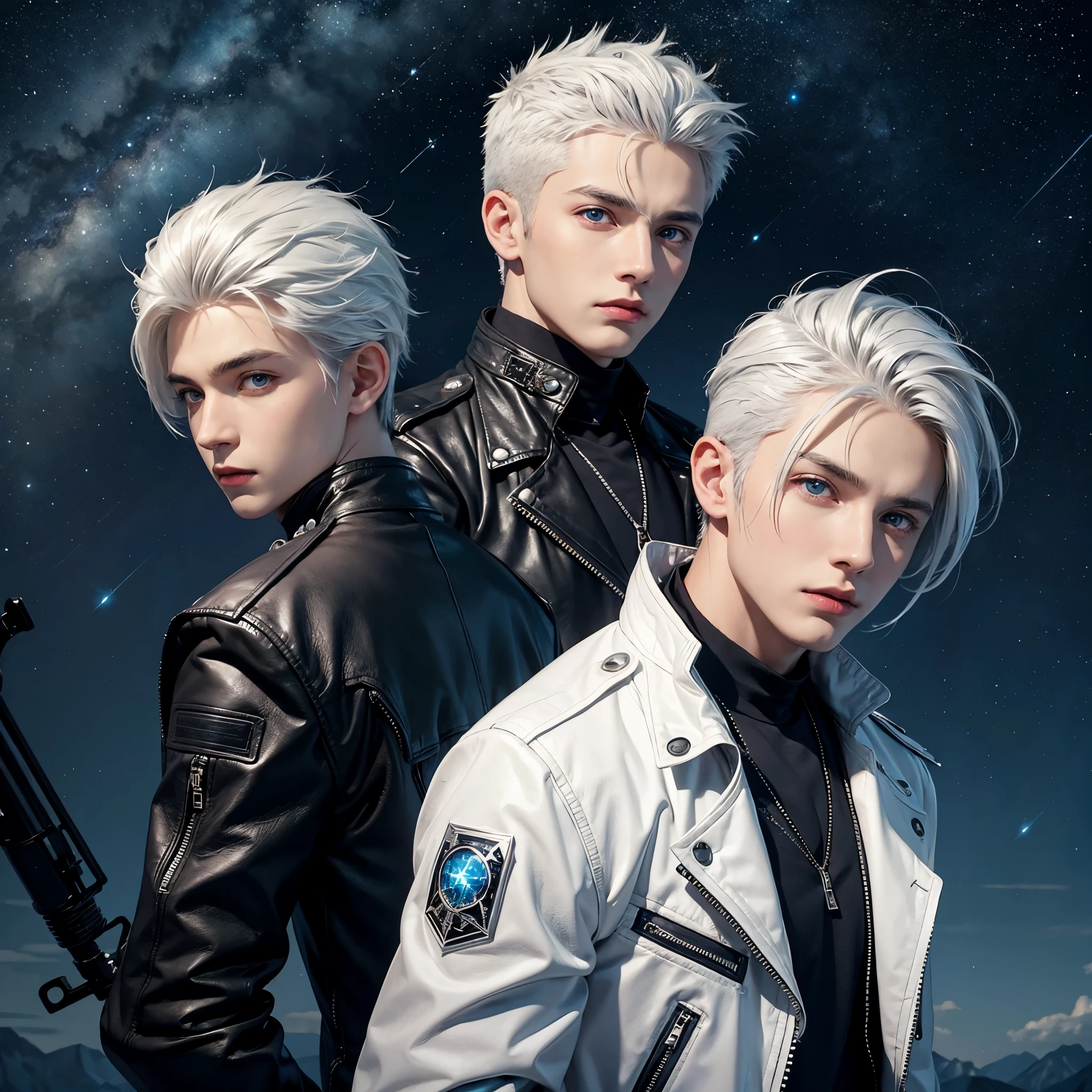 boy with spiky white hair, bright blue eyes, leather jacket and looking at the starry sky
