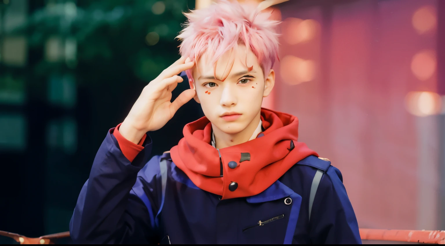  boy, with pink hair , brown eyes, blue jacket with a red scarf, in the city