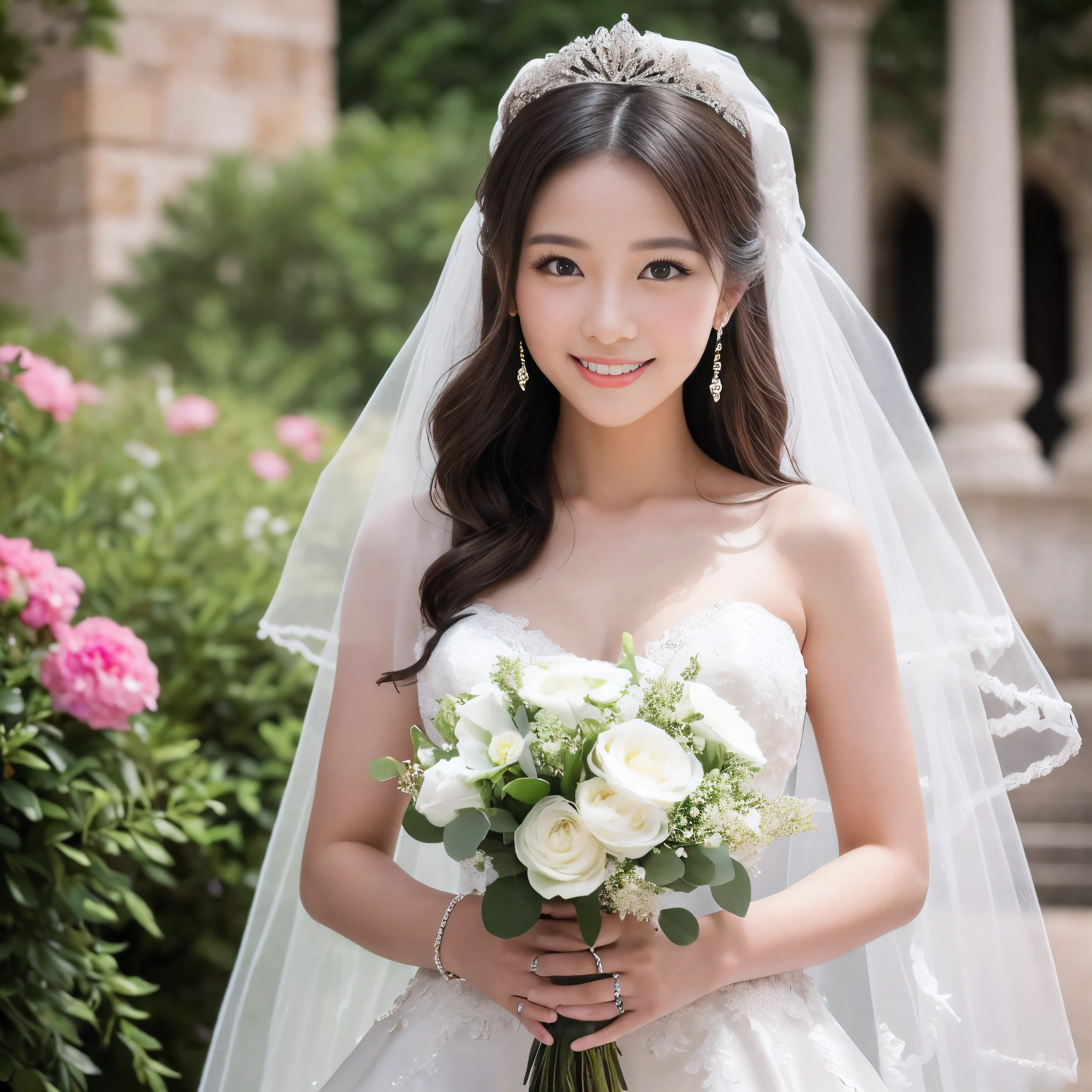 (table top、highest quality、8K、very detailed and intricate details、The most complex and detailed textures、Ultra high definition)、(One very young 10 year old pregnant bride:1.3)、big and full breasts、the most luxurious wedding dress、wedding lace、Top quality giant tiara、highest quality giant necklace、the most luxurious and luxurious decoration、(surrounded by many flowers:1.2)、bride in the castle flower garden、the most luxurious and romantic wedding、(huge flower gardenに立つbride:1.2)、one giant fountain、huge flower garden、Exterior of the most luxurious and huge European castle in the background、(bride'upper body photo:1.2)、accurate anatomy、very bright、beautiful skin、the best smile when you look at me、(Background filled with flowers:1.2)