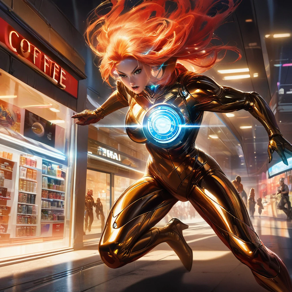 Super Hero landing,outside of Convenience store, midnight,buying coffee,flirting with clerk,busty clerk,big digital clock clearly visible,Medium:comic book art,shiny metallic suit,glowing arc reactor,exquisite details,heroic pose,energetic atmosphere,dynamic lighting,ultra-high resolution,professional concept artist,realistic portrait,vibrant colors,heroic genre, color scheme: red and gold, intense highlights and shadows.