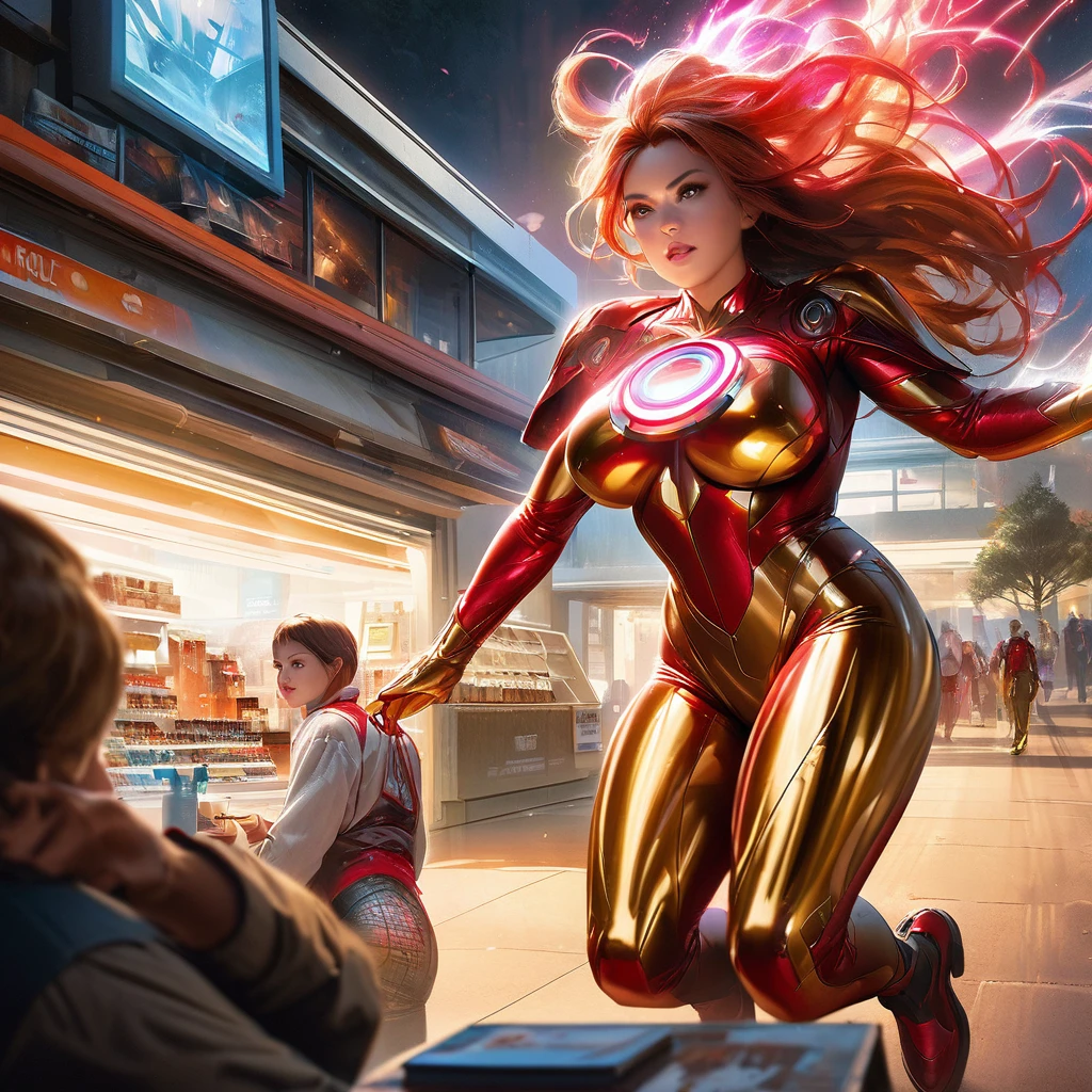 Super Hero landing,outside of Convenience store, midnight,buying coffee,flirting with clerk,busty clerk,big digital clock clearly visible,Medium:comic book art,shiny metallic suit,glowing arc reactor,exquisite details,heroic pose,energetic atmosphere,dynamic lighting,ultra-high resolution,professional concept artist,realistic portrait,vibrant colors,heroic genre, color scheme: red and gold, intense highlights and shadows.