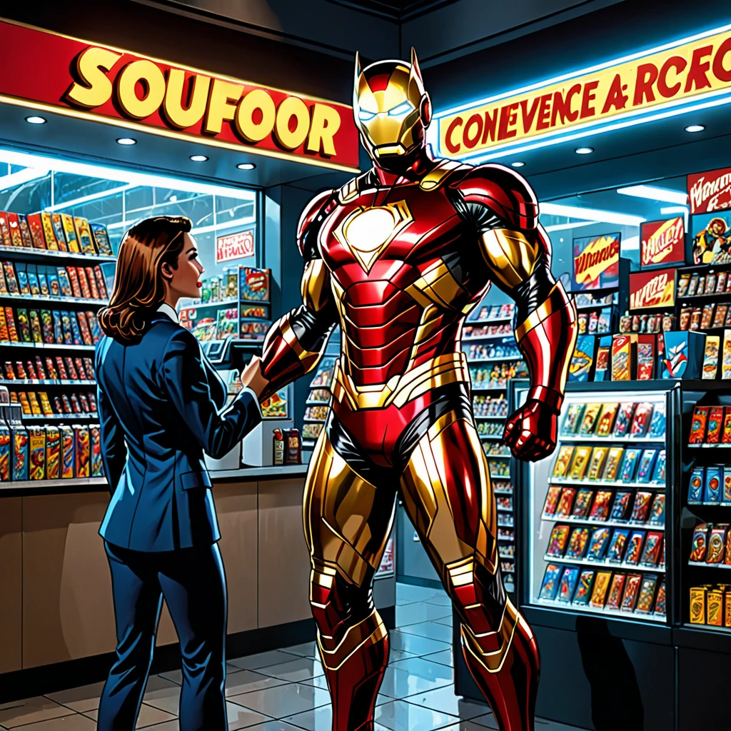 Super Hero landing,outside of Convenience store, midnight,buying coffee,flirting with clerk,busty clerk,big digital clock clearly visible,Medium:comic book art,shiny metallic suit,glowing arc reactor,exquisite details,heroic pose,energetic atmosphere,dynamic lighting,ultra-high resolution,professional concept artist,realistic portrait,vibrant colors,heroic genre, color scheme: red and gold, intense highlights and shadows.