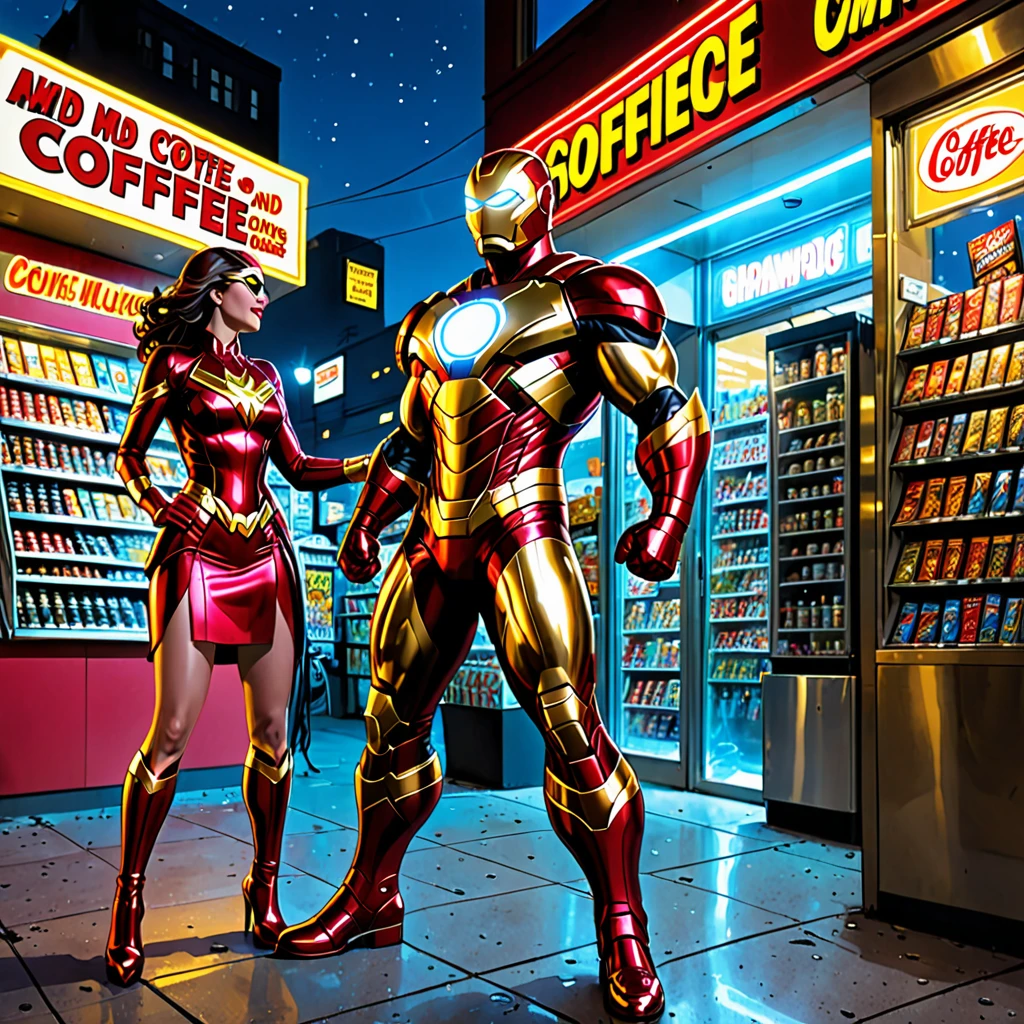 Super Hero landing,outside of Convenience store, midnight,buying coffee,flirting with clerk,busty clerk,big digital clock clearly visible,Medium:comic book art,shiny metallic suit,glowing arc reactor,exquisite details,heroic pose,energetic atmosphere,dynamic lighting,ultra-high resolution,professional concept artist,realistic portrait,vibrant colors,heroic genre, color scheme: red and gold, intense highlights and shadows.