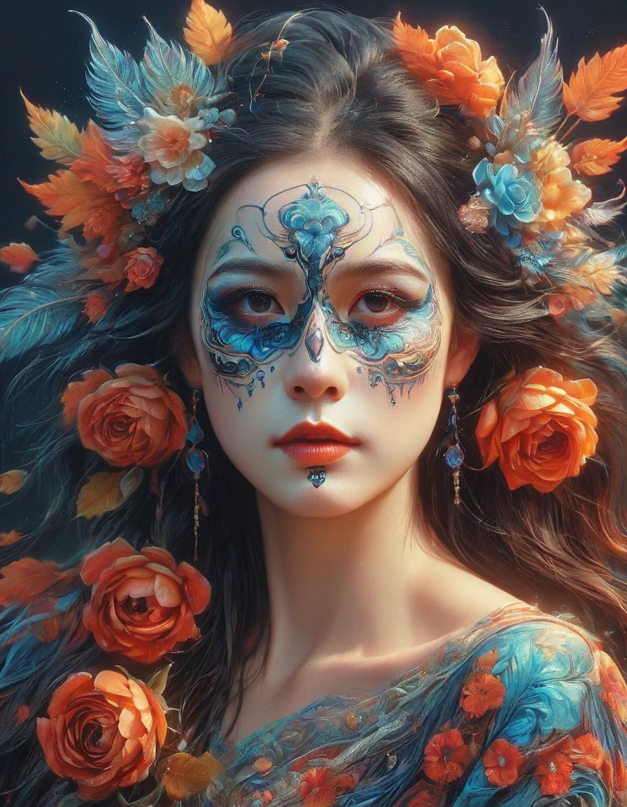 (The Art of Aptrus, Peter Pola), skeleton, 1 girl, Hairy, Day of the Dead festival, Scary Pumpkin Mask, Rags of rags, fog and mist, flat chest, small breasts, Rotten pumpkins all around, masterpiece, official art, Super detailed, beautiful and aesthetic, best quality, intricate details, portrait of the most beautiful form of chaos, elegant, brutalist design, bright colors, by James Jean, Robbie Devi Antonio, Rostran, French bacon, Michael Mraz, Adrian Genius, Petra Cortright, Gerhard Richter, Takato Yamamoto, Ashley Wood, Atmospheric, (black crow:1), (Blackbird:1.2), Red rose, (symmetry), (Limited color palette), Extremely lush,Colorful hair, (whole body:1.4)