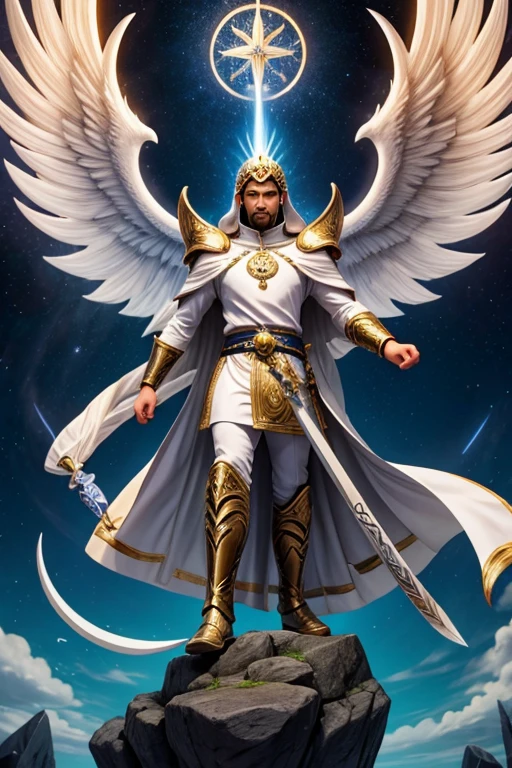 quero um prompt de arcanjo celestial masculino no ceu, com manto branco e com espada de fogo