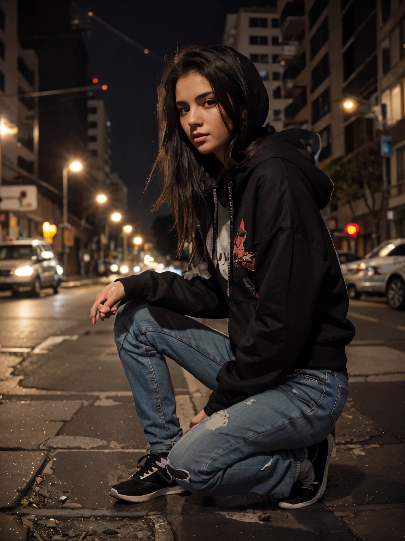 arafed woman sitting on the ground in the middle of the street, black haired girl wearing hoodie, wearing jeans and a black hoodie, girl wearing hoodie, beautiful  girl, street pic, posing in an urban street, mid shot portrait, attractive girl, photograph of a techwear woman, cold lighting, on a street at night, on a street