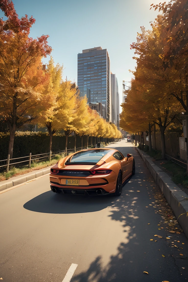 SKYLINER32, sports car parked on a street covered with leaves in autumn in a (city:1.3), fall, global illumination, volumetric lighting, best quality, highly detailed, cgi, illustration, octane render,  