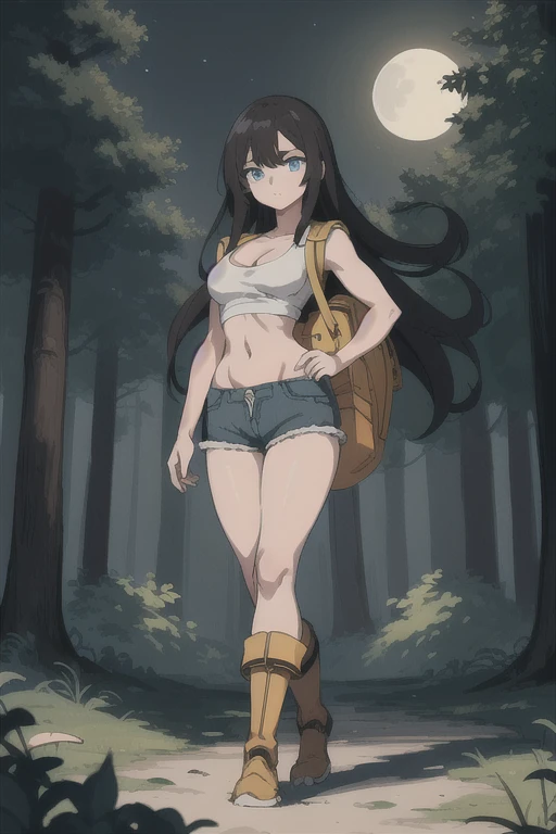 ultra high res, masterpiece, anime style, cell shading, highly detailed, fantasy inspired setting, 1girl, long black hair, blue eyes, expressive eyes, perfect face, medium breast, small waist, perfect figure, athletic physique, white crop top, showing cleavage, mid section exposed, wearing a yellow backpack, brown shorts, brown hiking boots, walking, looking at viewer, full body portrait, (Background: Outdoors, in the forest, night, moon light luminating on the forest floor, glowing mushrooms)